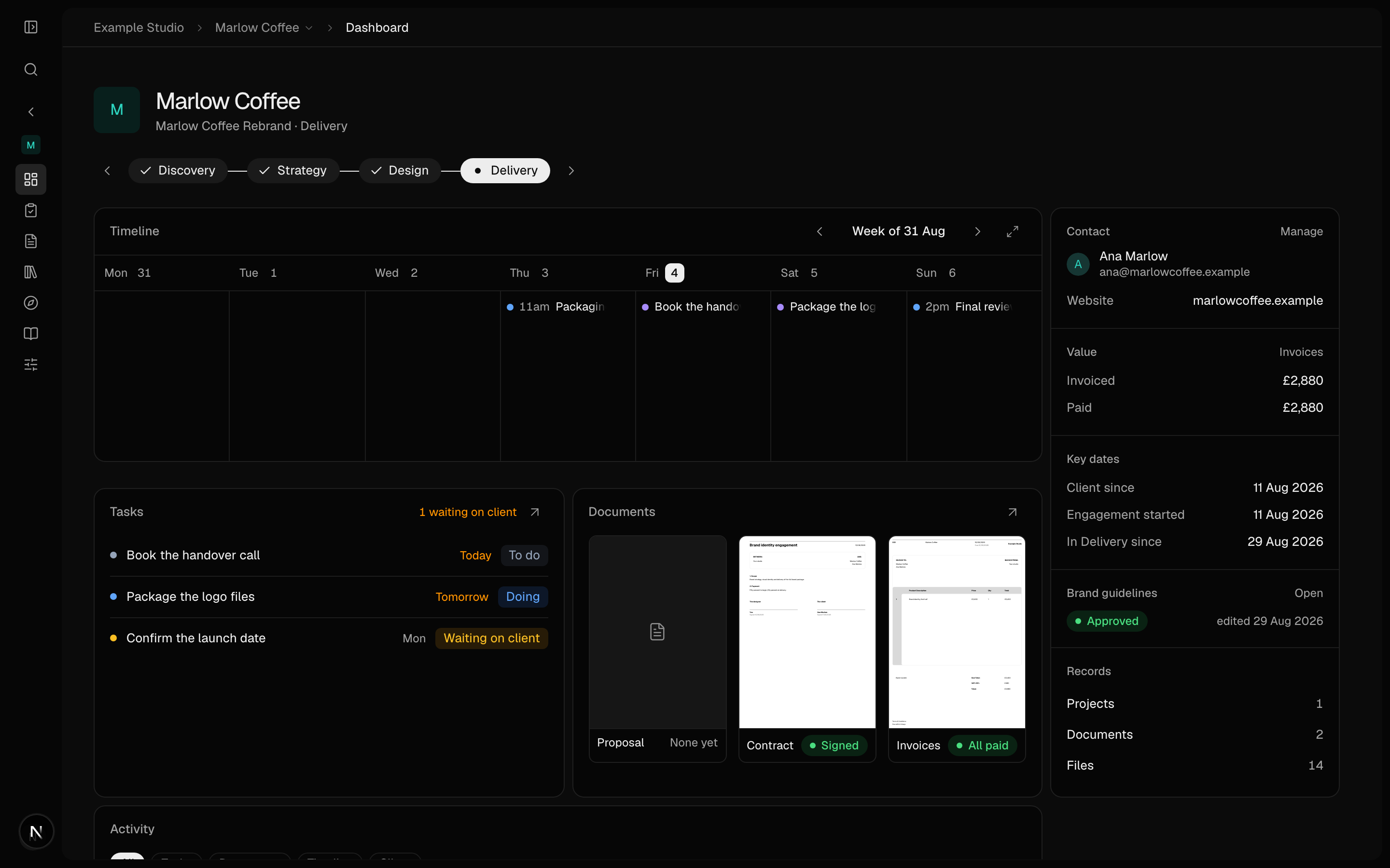 A client record: the project timeline, the tasks and the deal documents