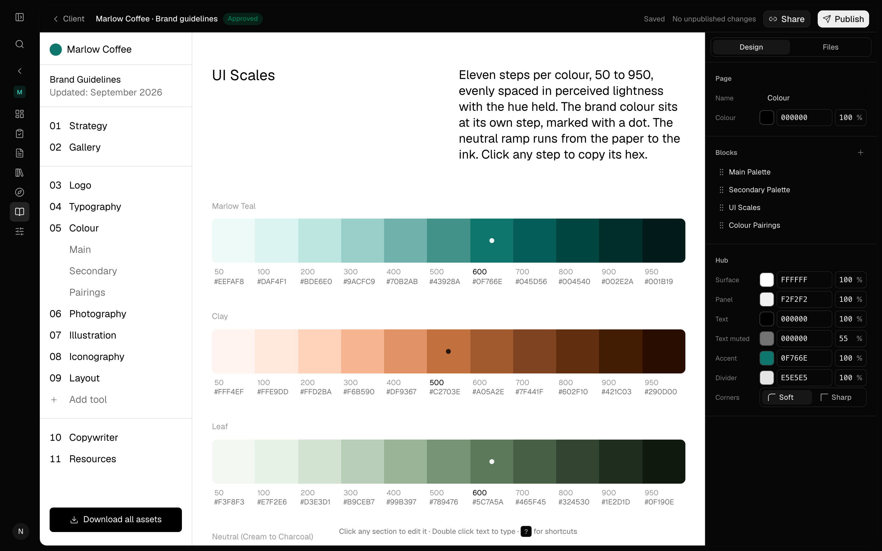 The Brand Hub editor with the guidelines pages down the side