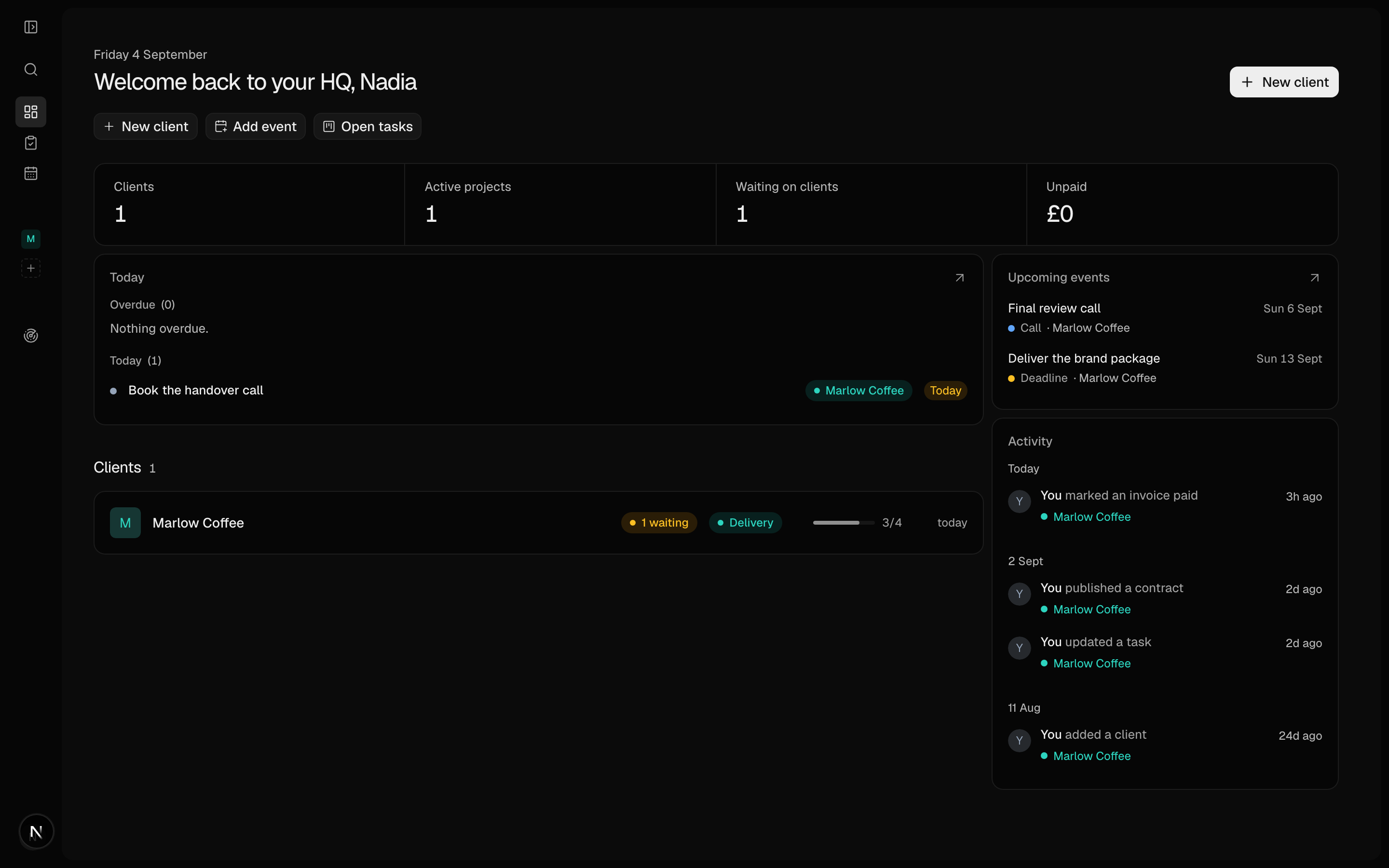 The Designer HQ overview: clients, active projects, what is waiting and what is unpaid