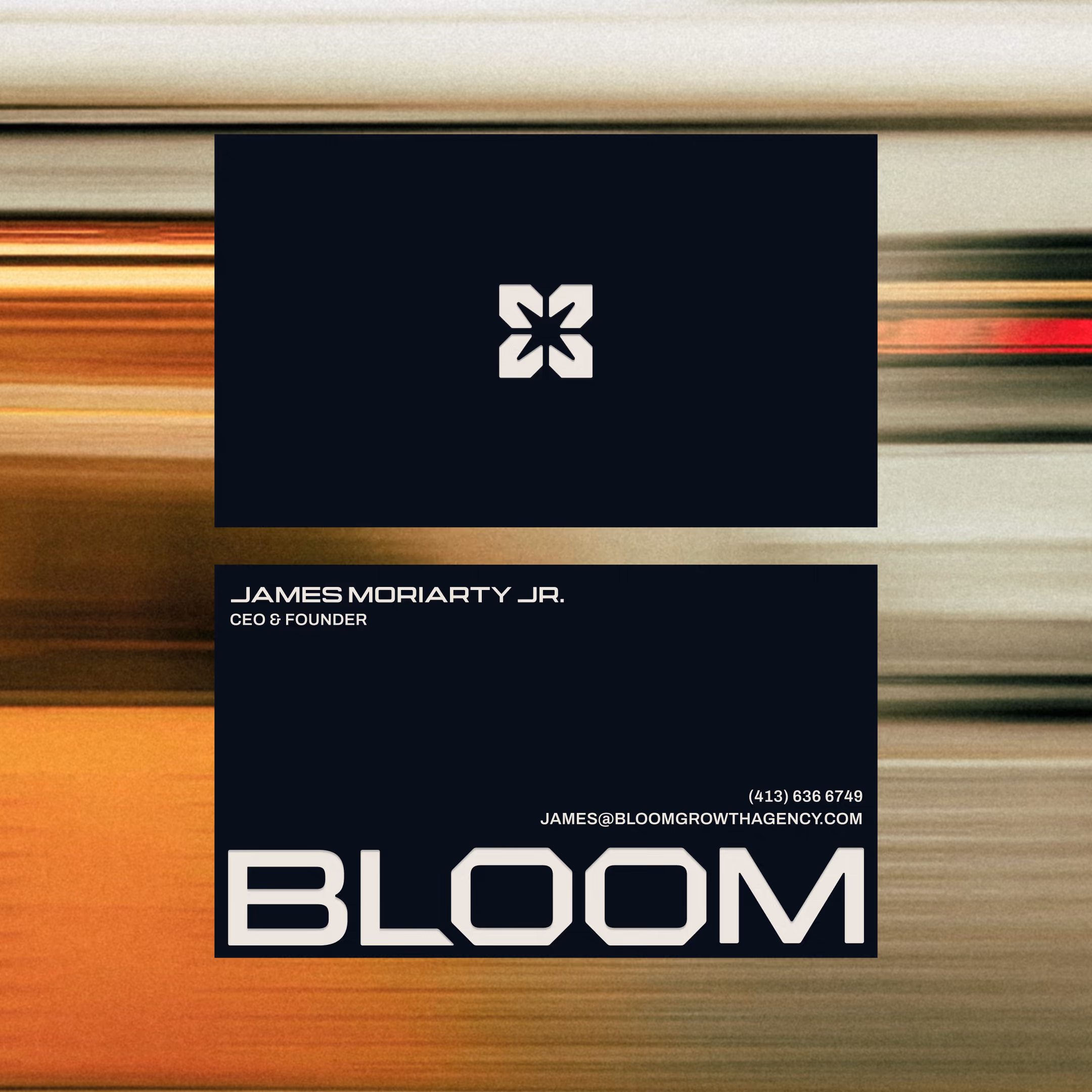 Bloom business cards in Ink, the petal mark on one face and James Moriarty's details above the chamfered wordmark
