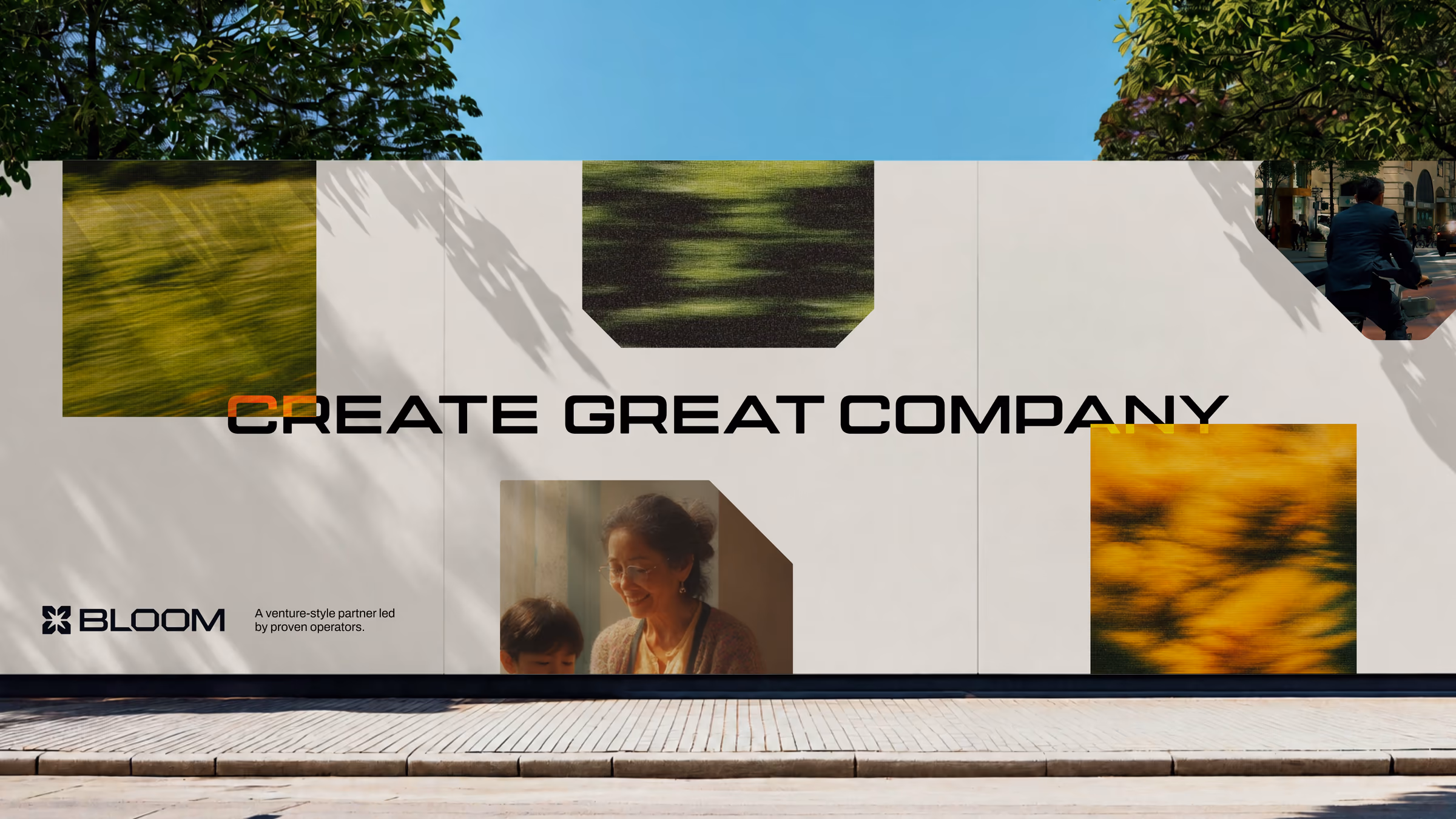 Street hoarding spelling Create great company across chamfered image tiles with the Bloom lockup