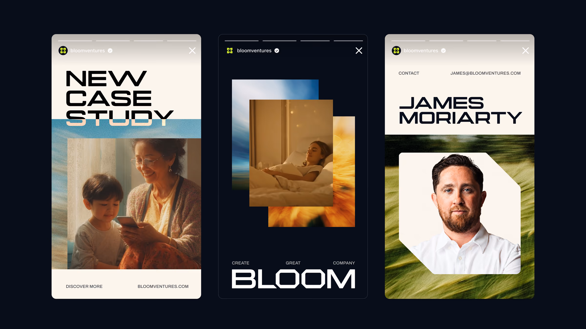 Three Bloom Instagram stories, a new case study cover, layered photography and a James Moriarty contact card