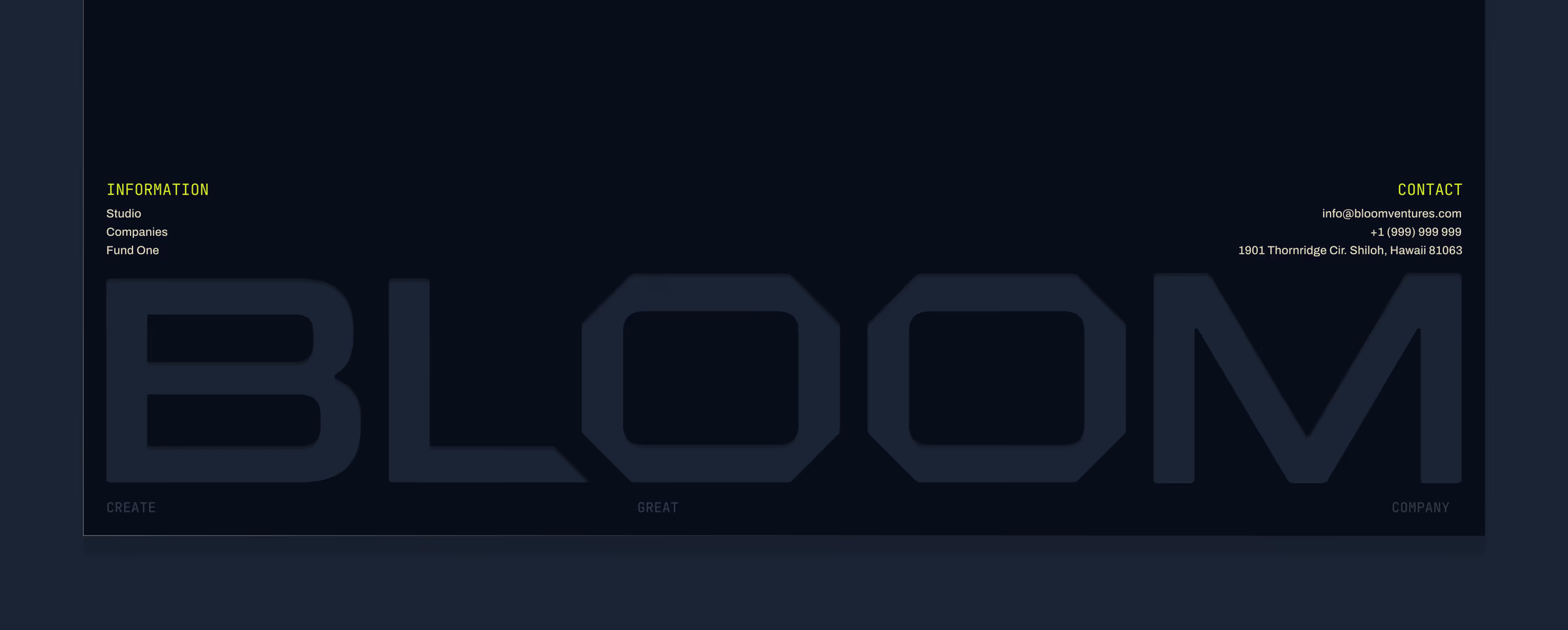 Bloom website footer, the wordmark debossed in Ink with contact details and Create great company