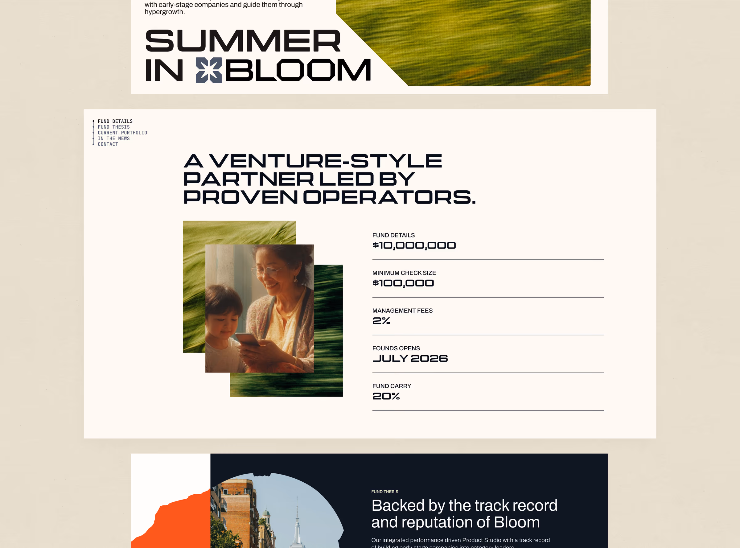 Summer in Bloom fund microsite scrolled to the fund details, a ten million dollar fund listed beside motion-blurred field photography