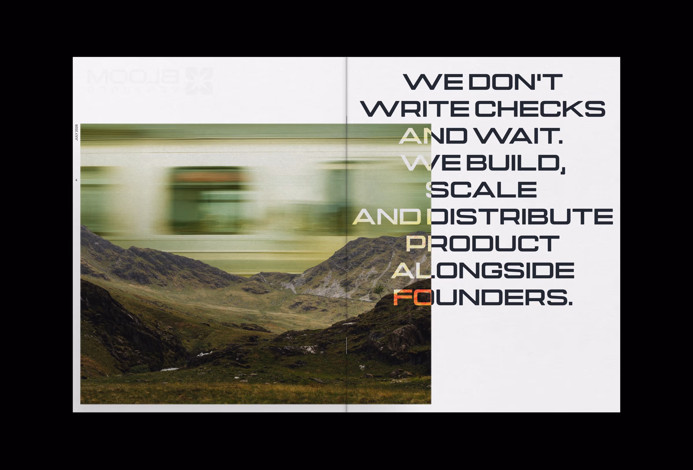 Fund deck spread reading We don't write checks and wait over a motion-blurred train crossing a green valley