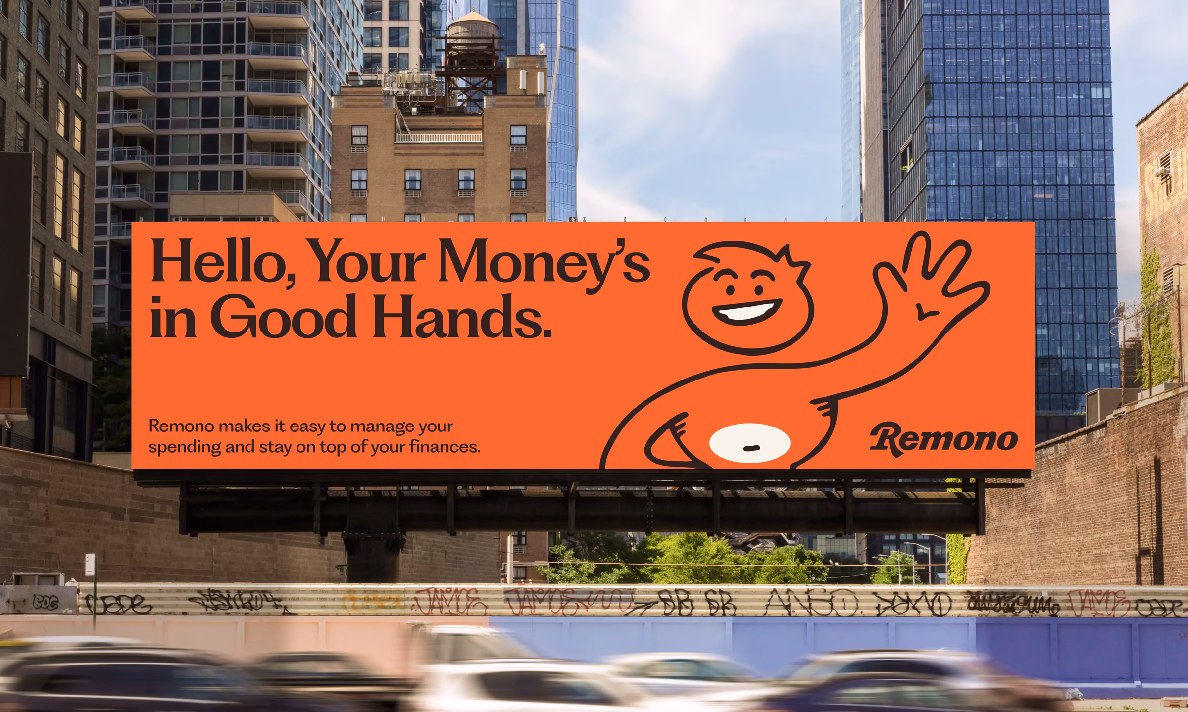 City billboard with the Remono mascot waving and the headline Hello, your money's in good hands