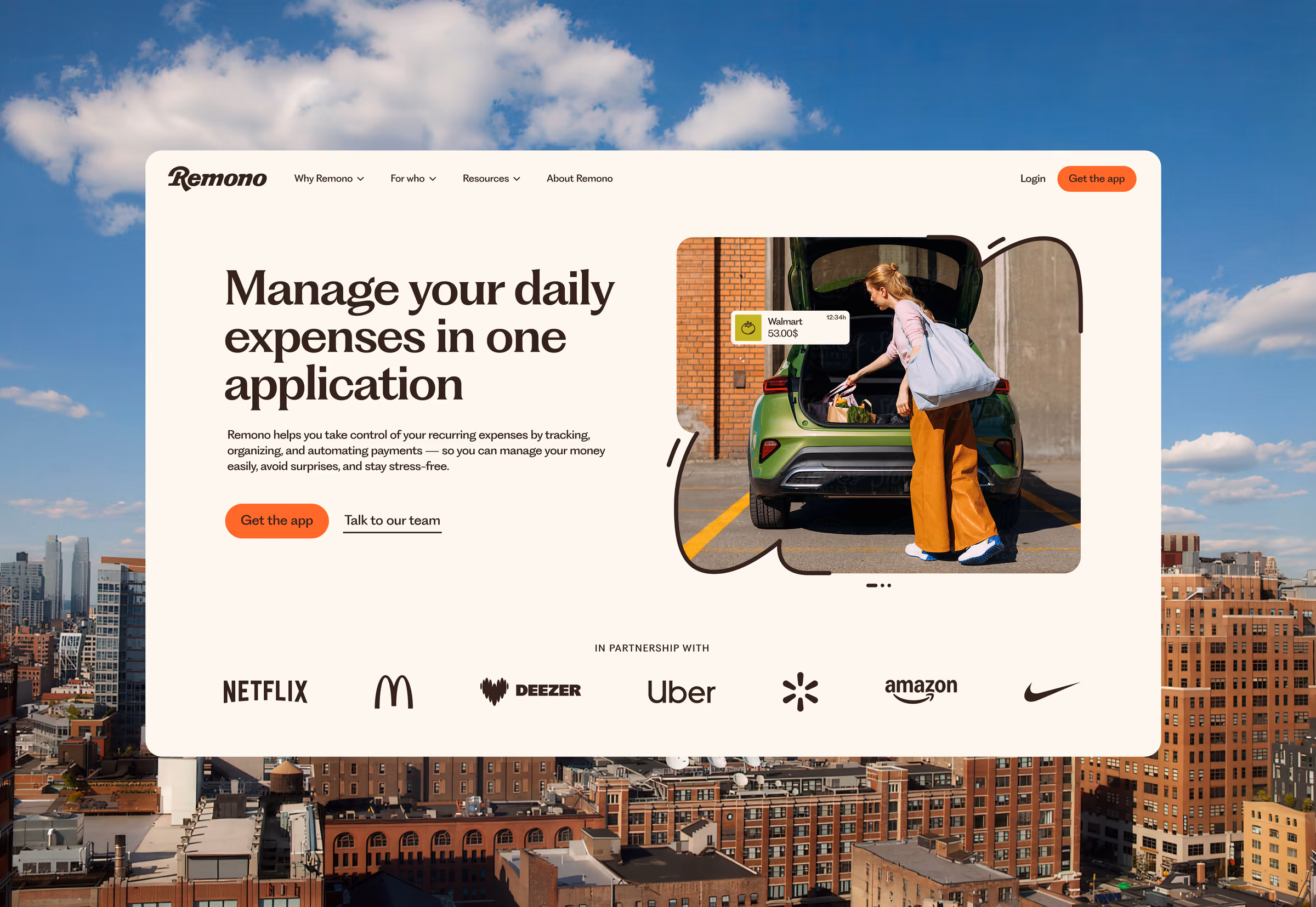 Remono website homepage, manage your daily expenses in one application, with partner logos below