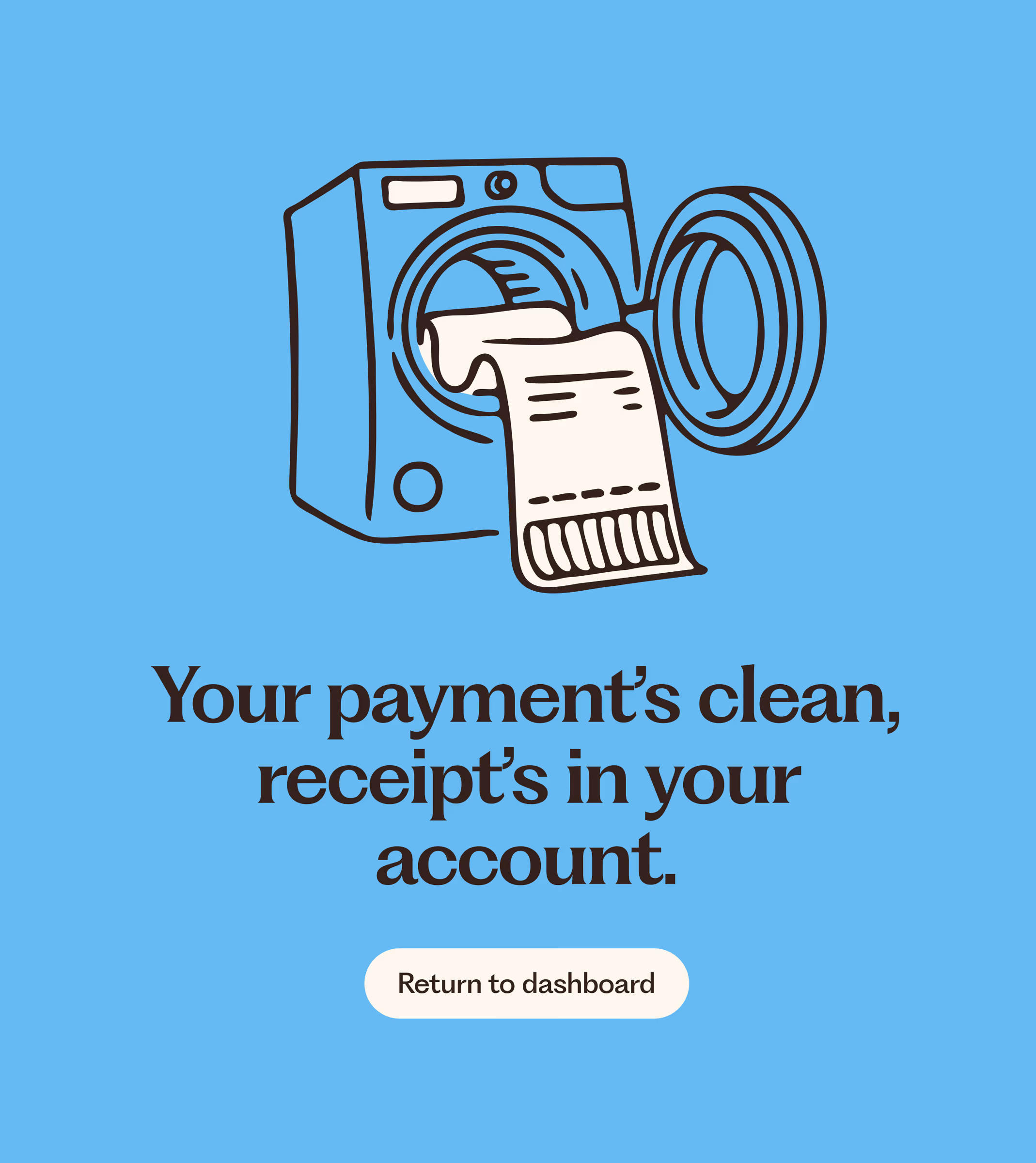 Illustration of a receipt coming out of a washing machine, payment confirmation screen on blue