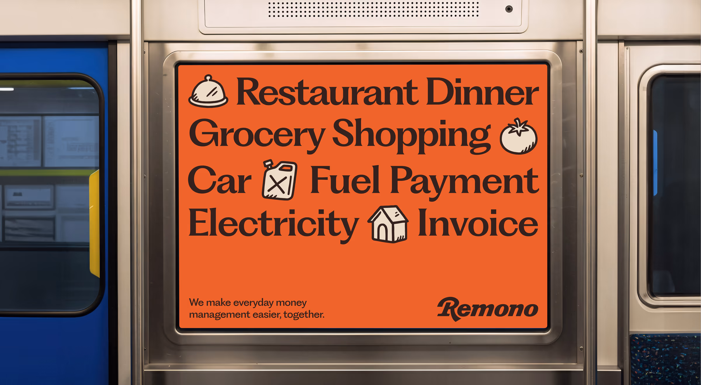 Remono ad inside a train listing everyday expenses like dinner, groceries, fuel and electricity
