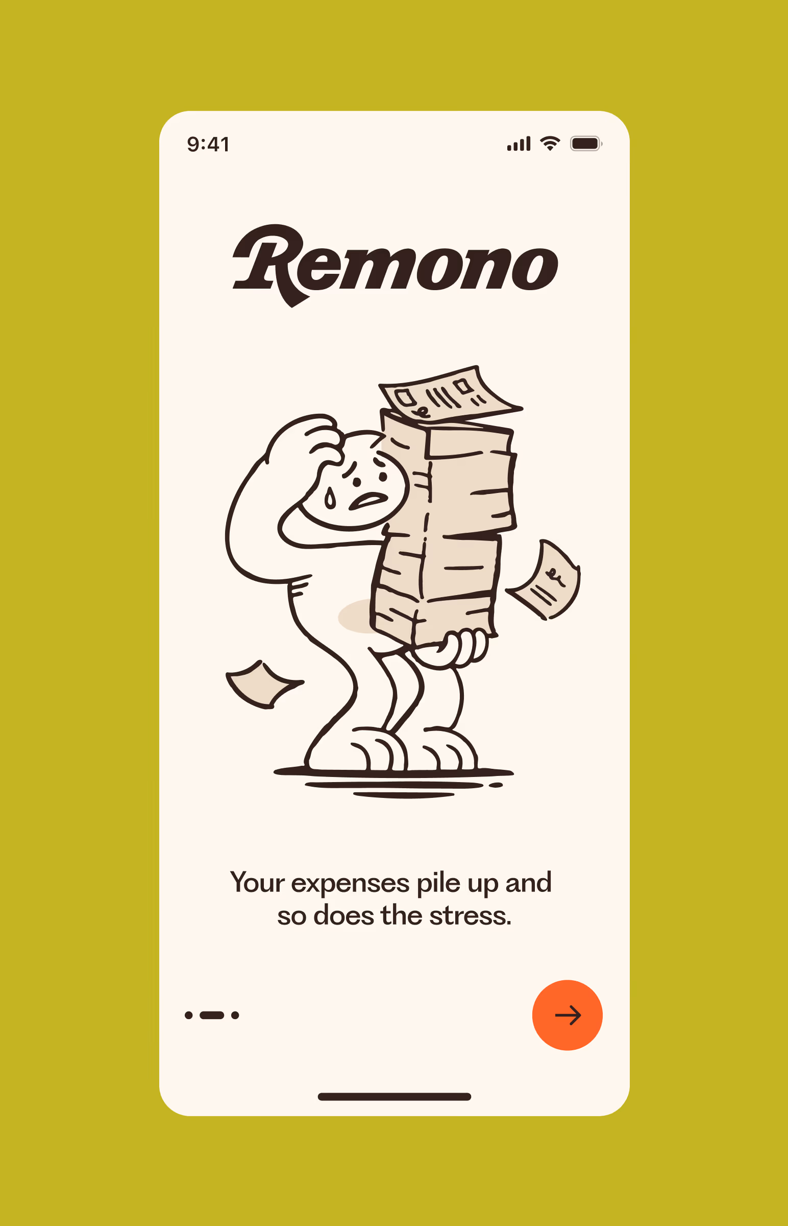 Remono onboarding screen, the mascot struggling with a pile of bills, your expenses pile up