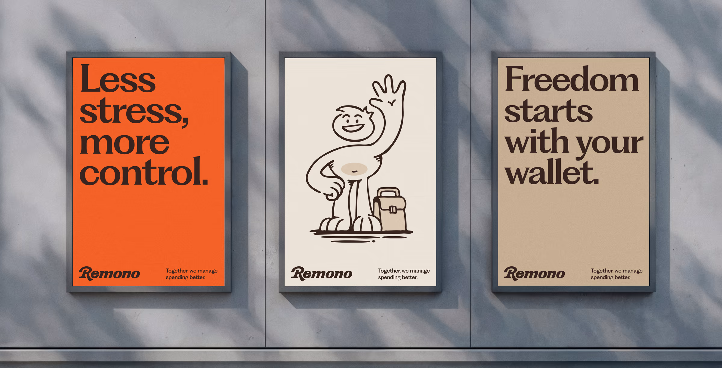 Three Remono posters: less stress more control, the waving mascot, freedom starts with your wallet