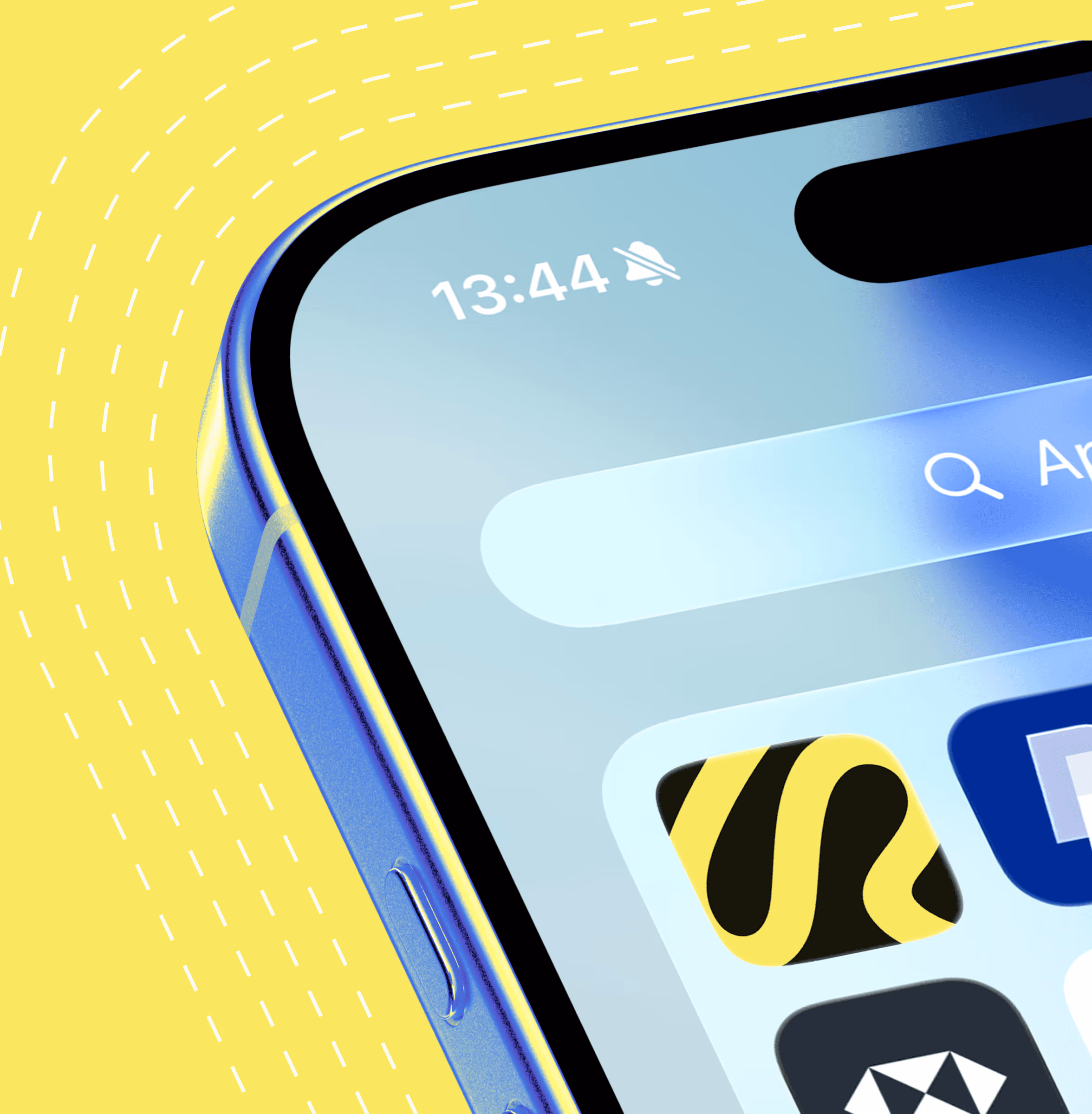 Close-up of a phone home screen with the Riverflow app icon, angled on a yellow background