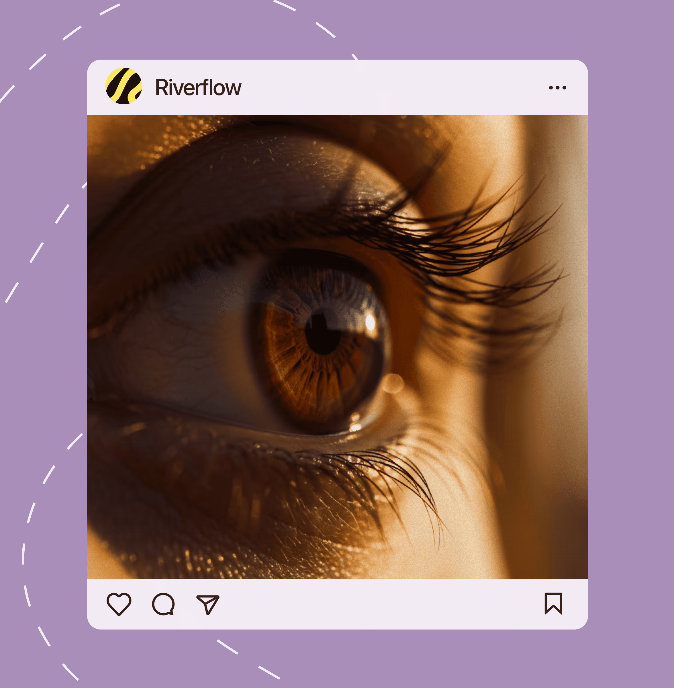 Instagram post mockup from the Riverflow account showing a close-up photo of an eye, on a purple background