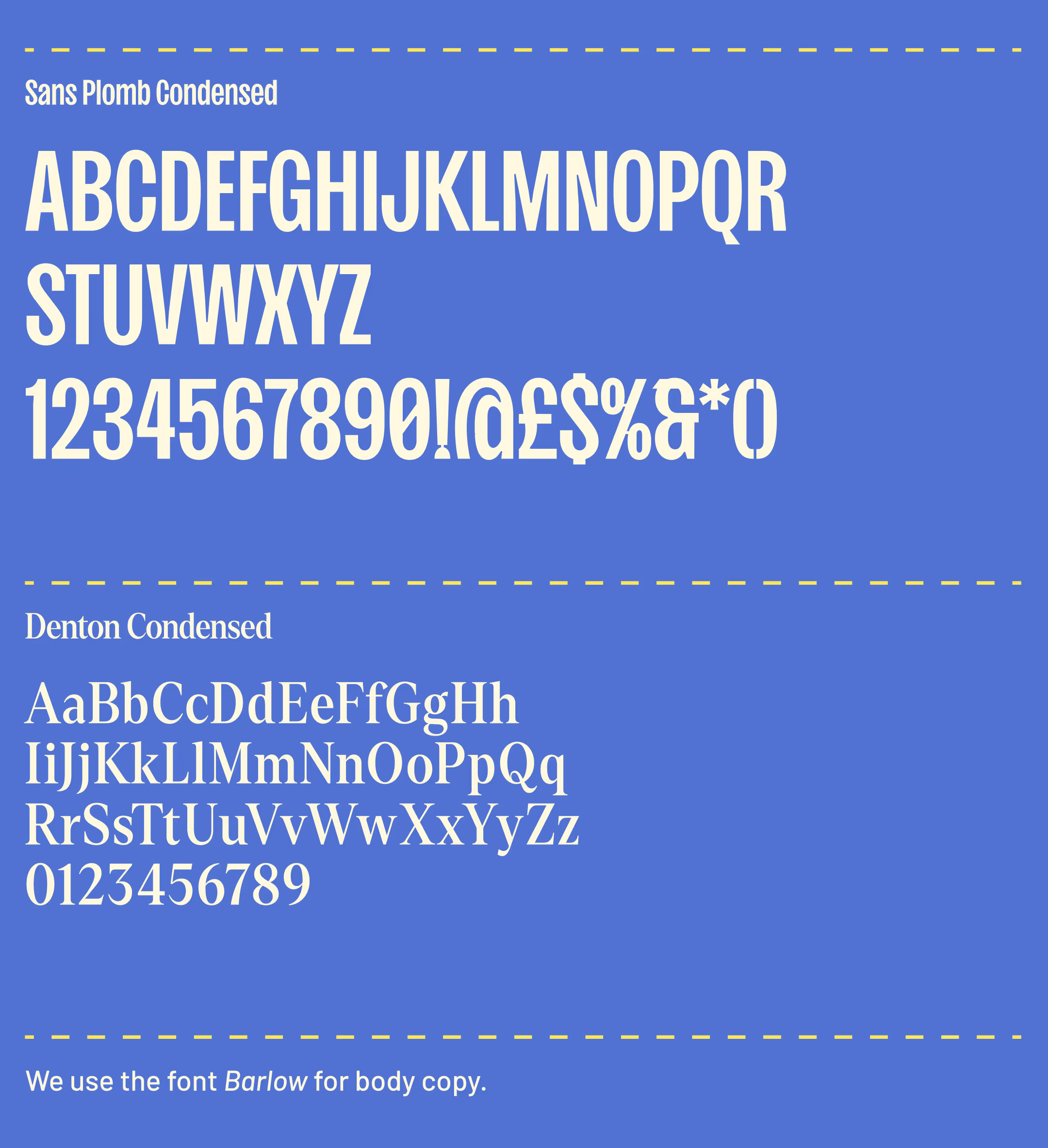 Riverflow type specimen showing Sans Plomb Condensed and Denton Condensed alphabets on a blue background