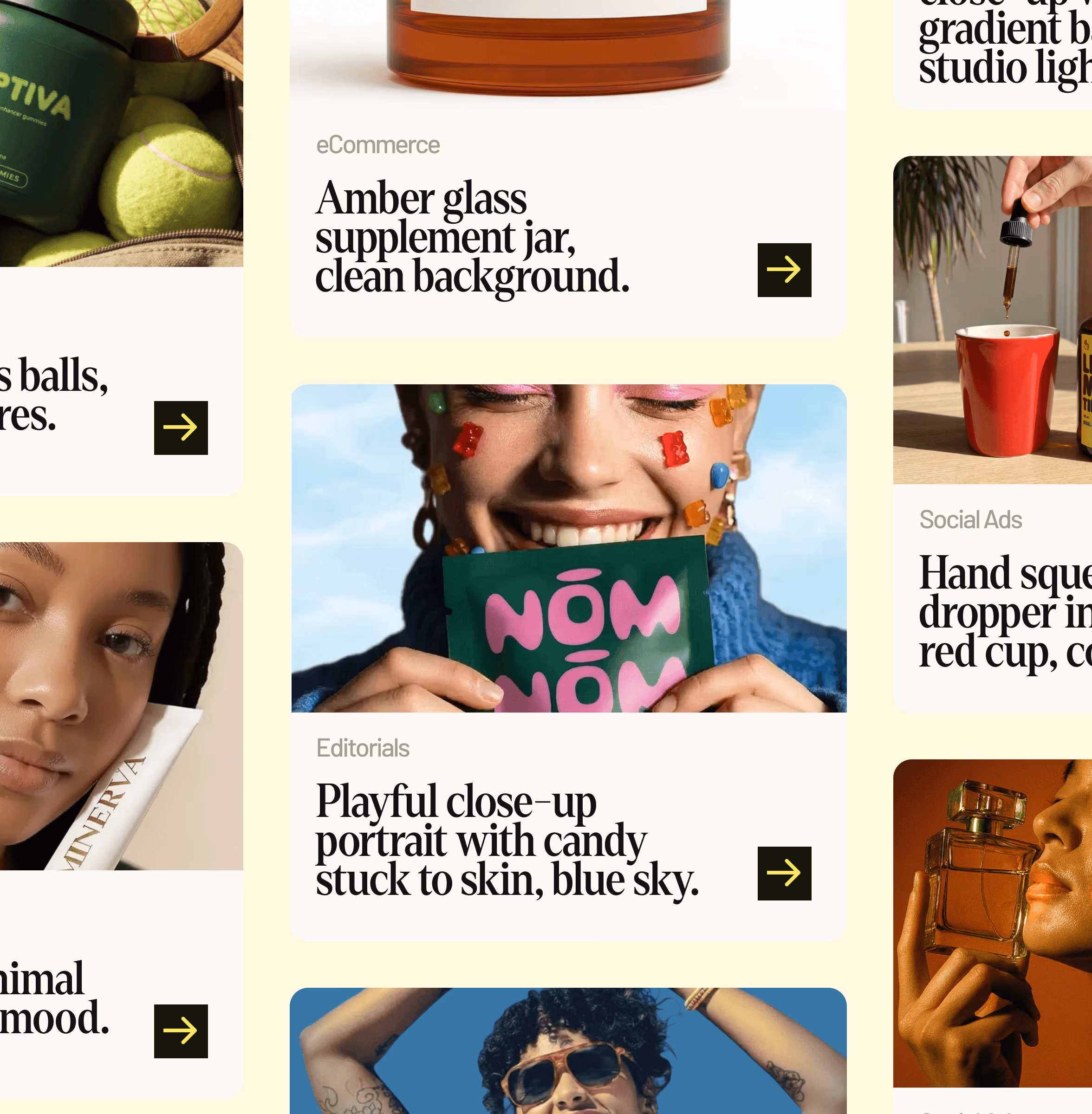 Grid of Riverflow scene cards pairing product and portrait images with captions like 'Amber glass supplement jar'
