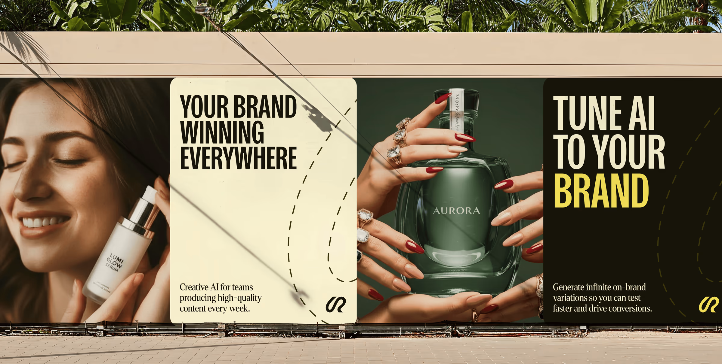 Three Riverflow posters on an outdoor wall, including 'Your brand winning everywhere' and 'Tune AI to your brand'