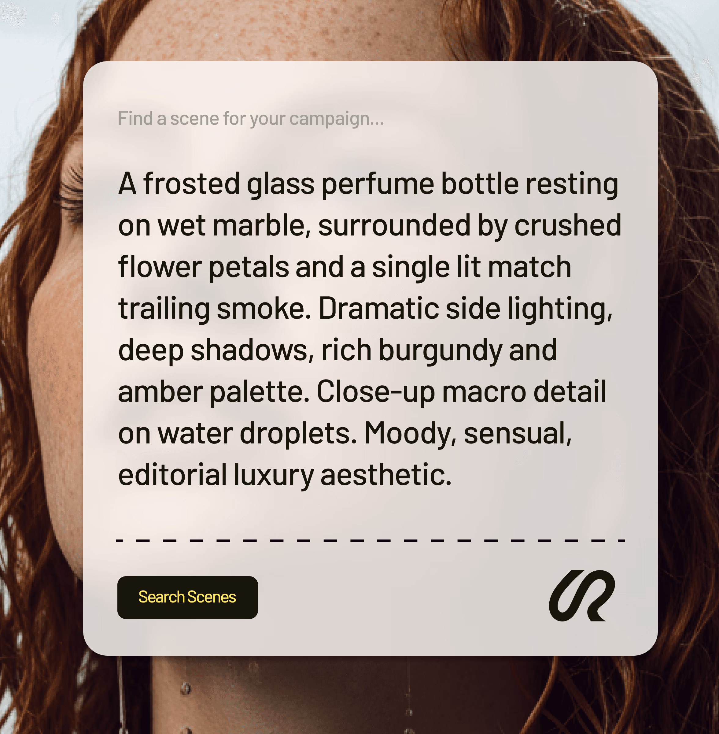Riverflow scene search card with a detailed perfume campaign prompt, overlaid on a portrait of a red-haired woman