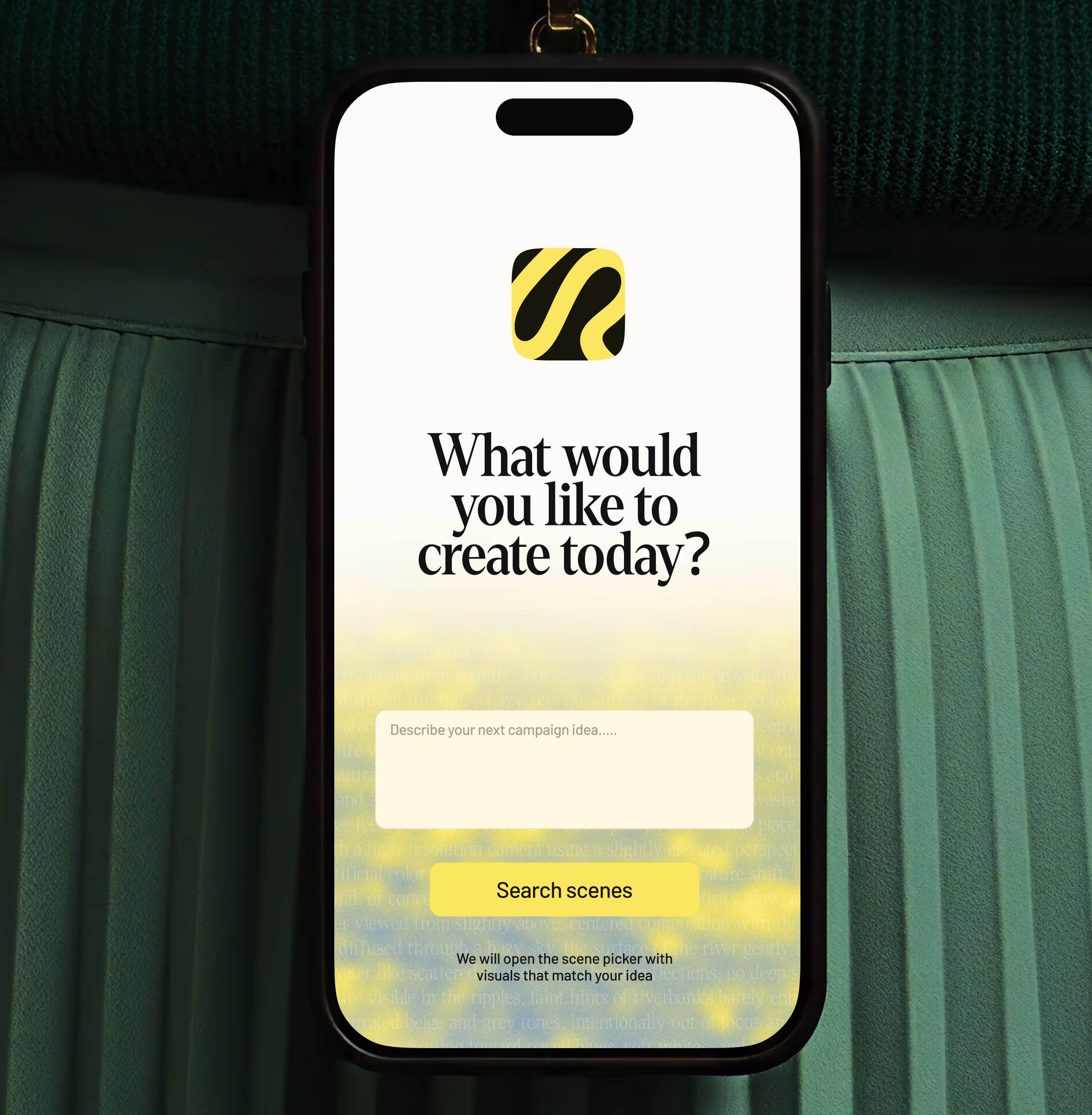 Riverflow app screen on a phone asking what you would like to create today, with a scene search box