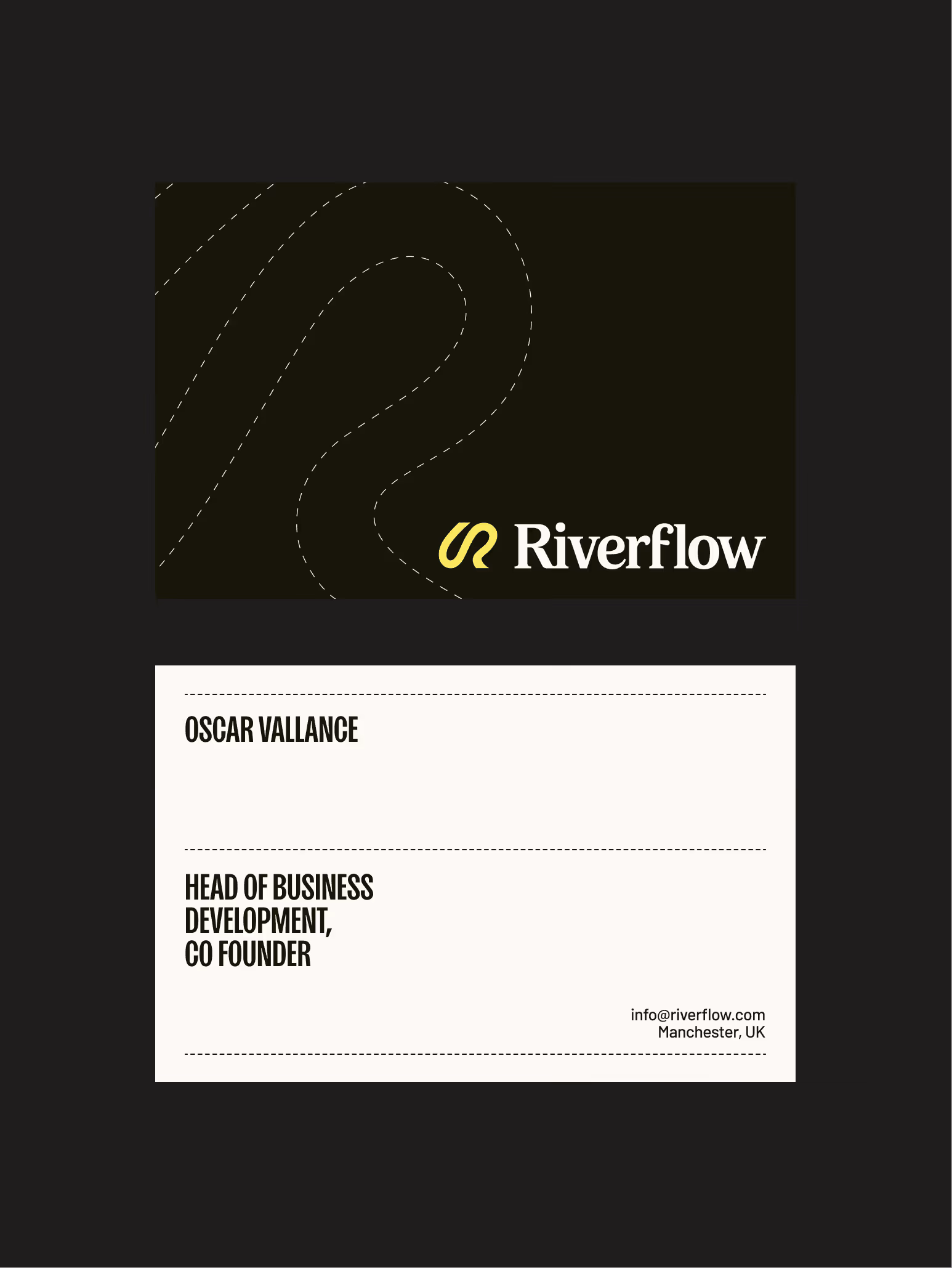 Riverflow business cards, a dark logo side and a cream side with Oscar Vallance's name and details