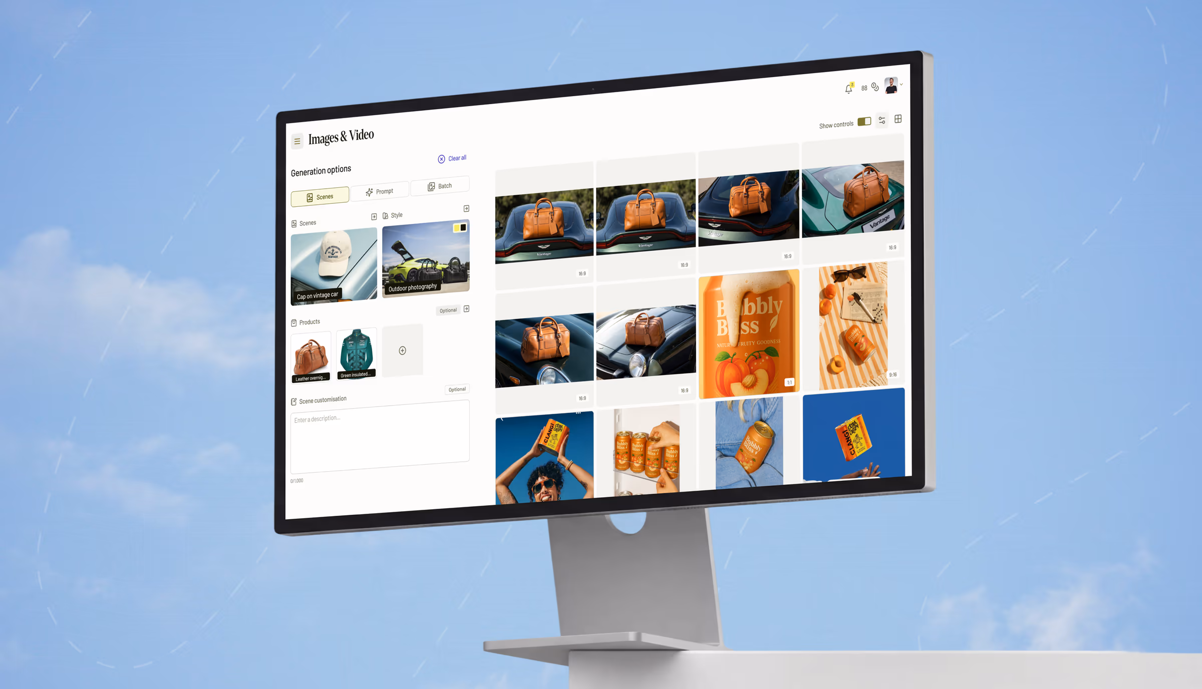 Desktop monitor showing the Riverflow image generation portal with a grid of product campaign shots