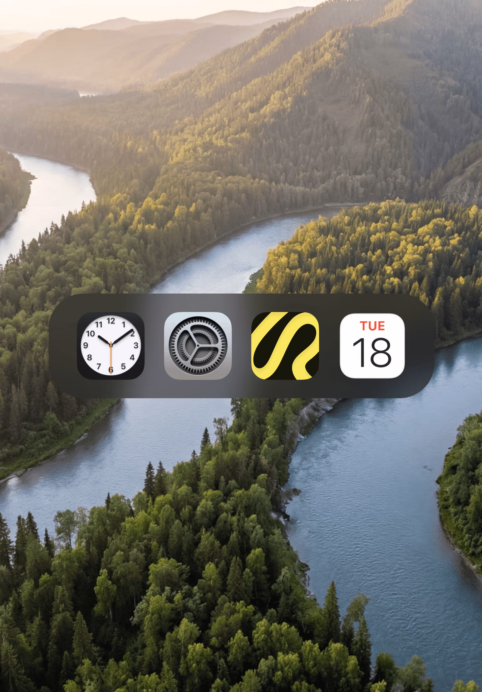 Phone dock with the Riverflow app icon beside Clock, Settings and Calendar, over a river valley wallpaper