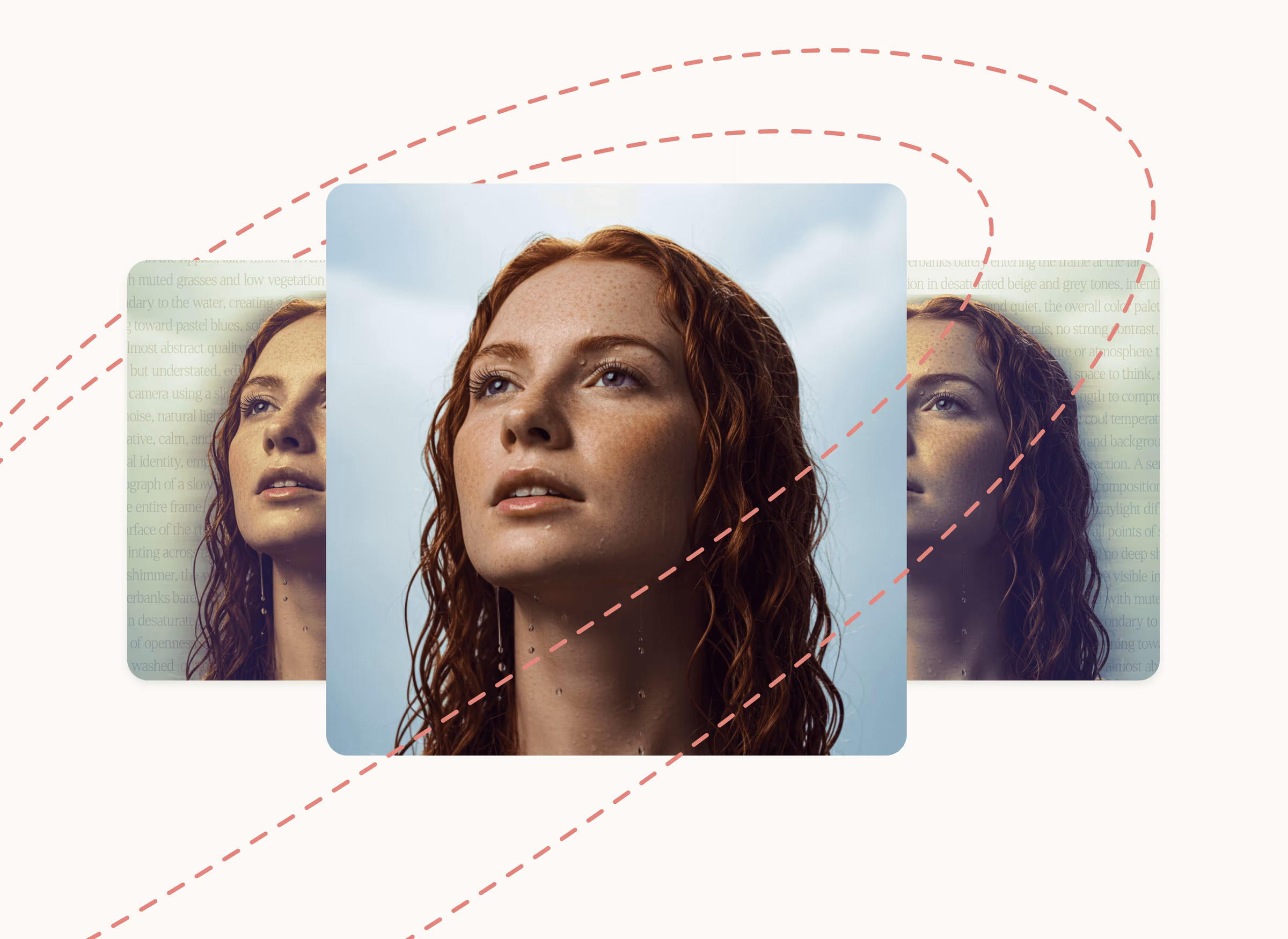 Three AI-generated portrait variations of a red-haired woman, linked by Riverflow's dashed line motif