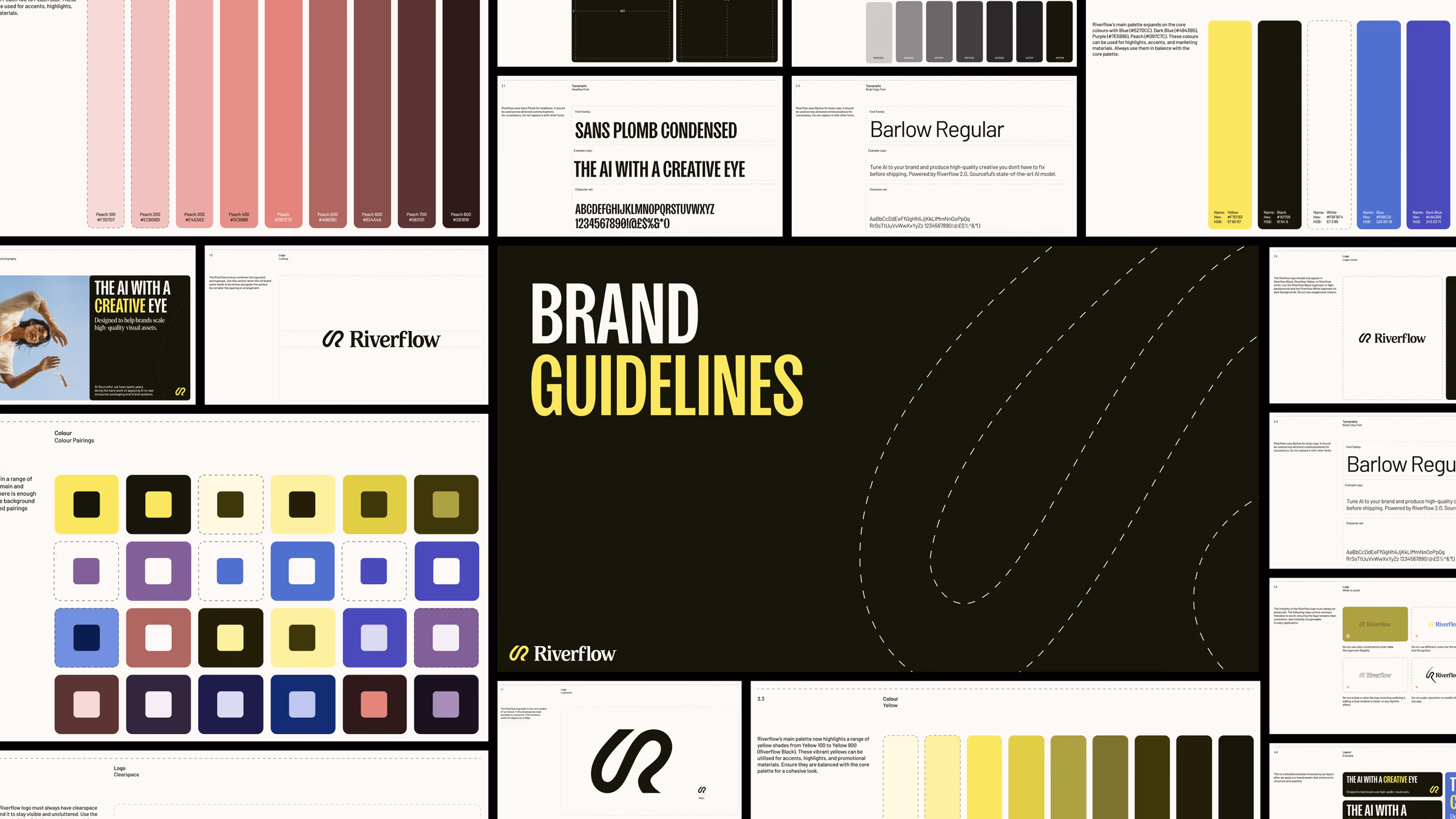 Riverflow brand guidelines overview, cover page surrounded by colour palette, typography and logo boards