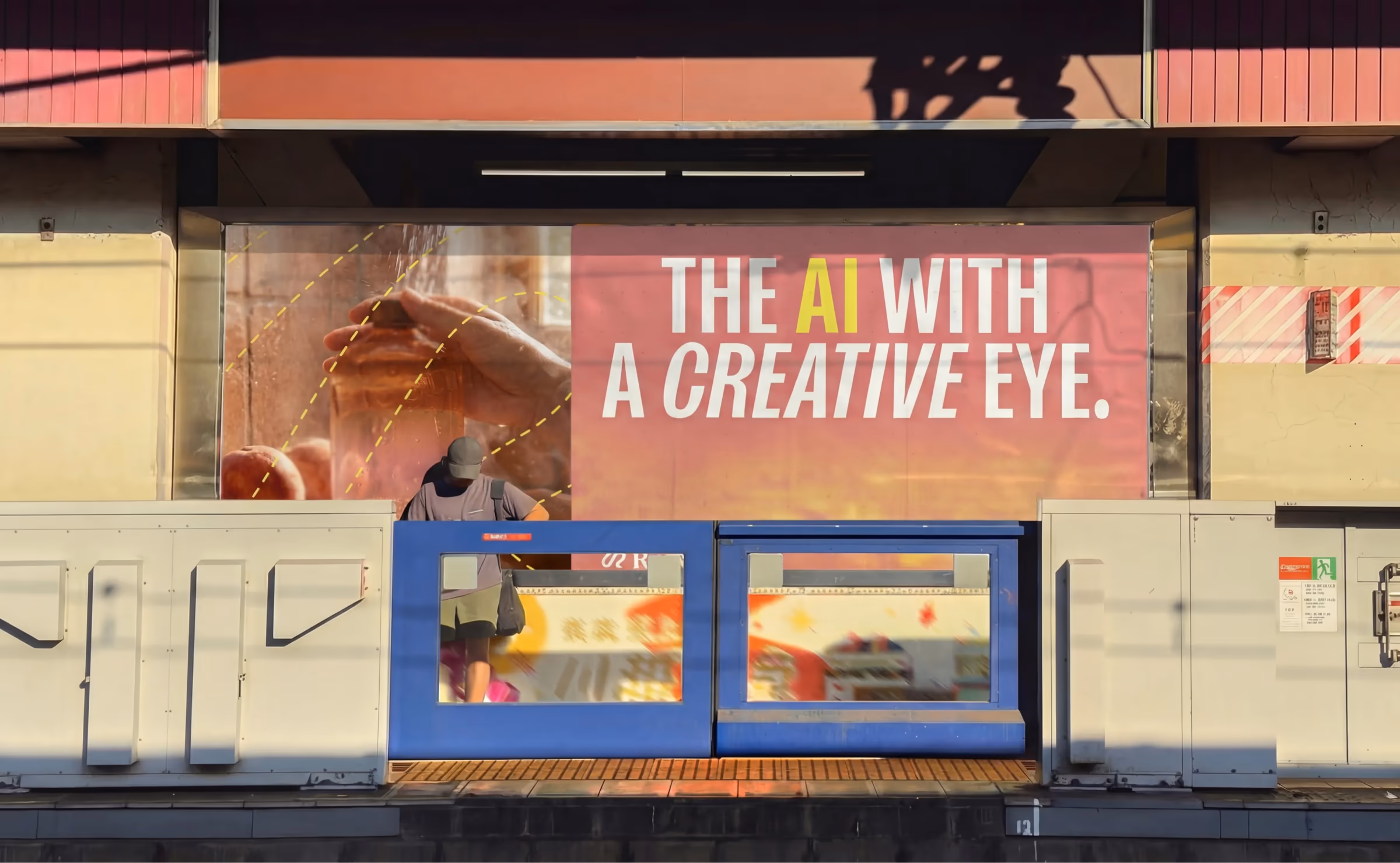 Riverflow street billboard reading 'The AI with a creative eye' above a train platform