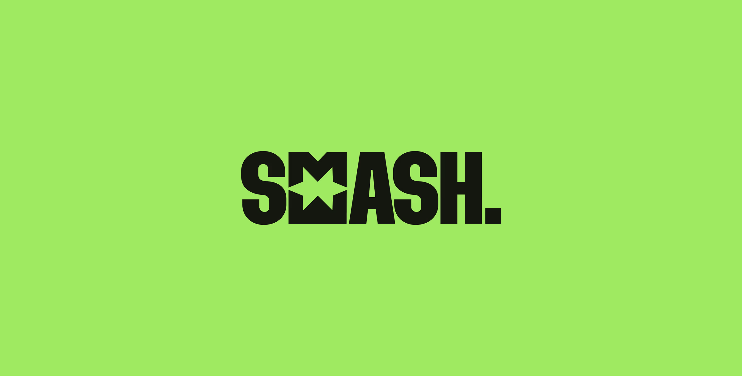 Smeash wordmark in black on bright green, with a star shape smashed into the letters