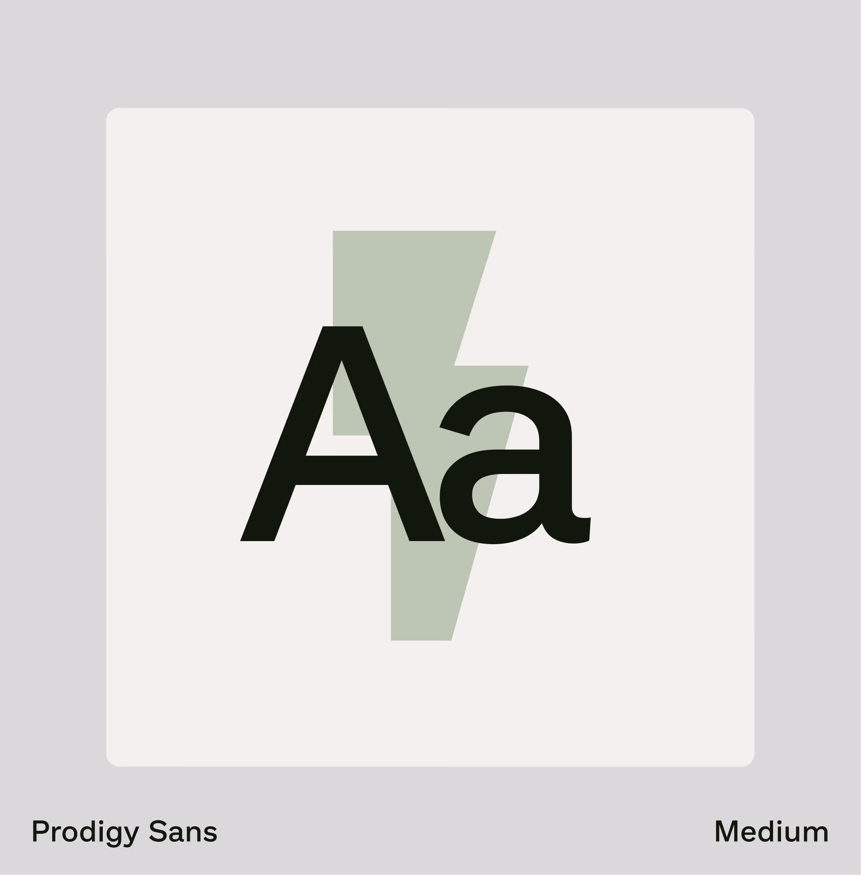 Type specimen card for Prodigy Sans Medium, large Aa over a soft green lightning bolt