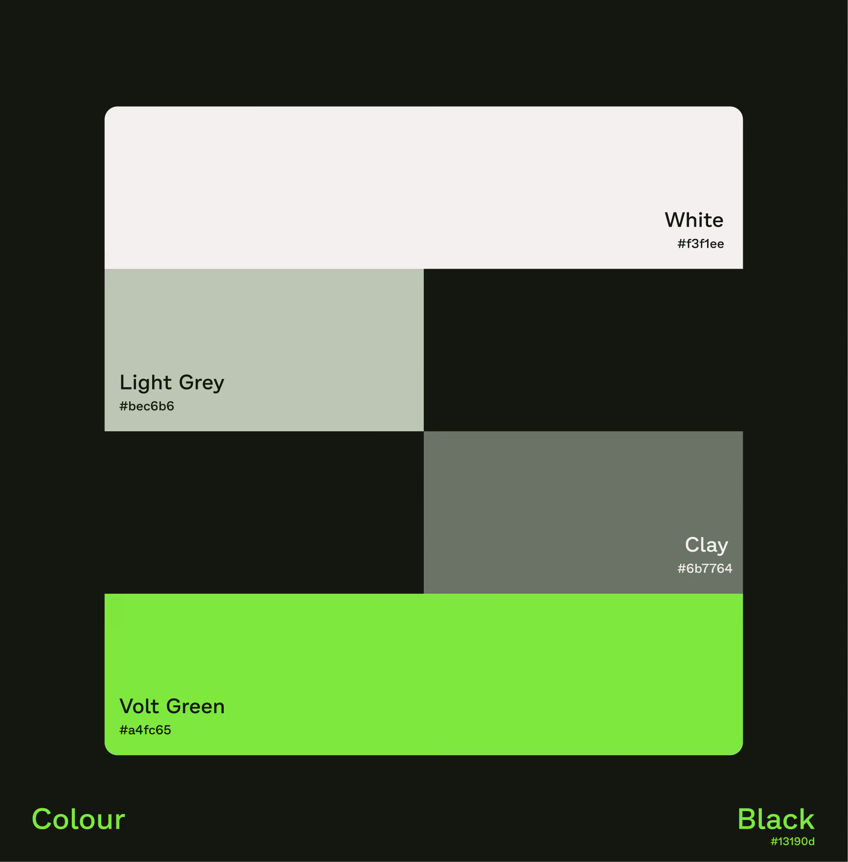 Smeash colour palette board with white, light grey, clay, volt green and black swatches and hex codes