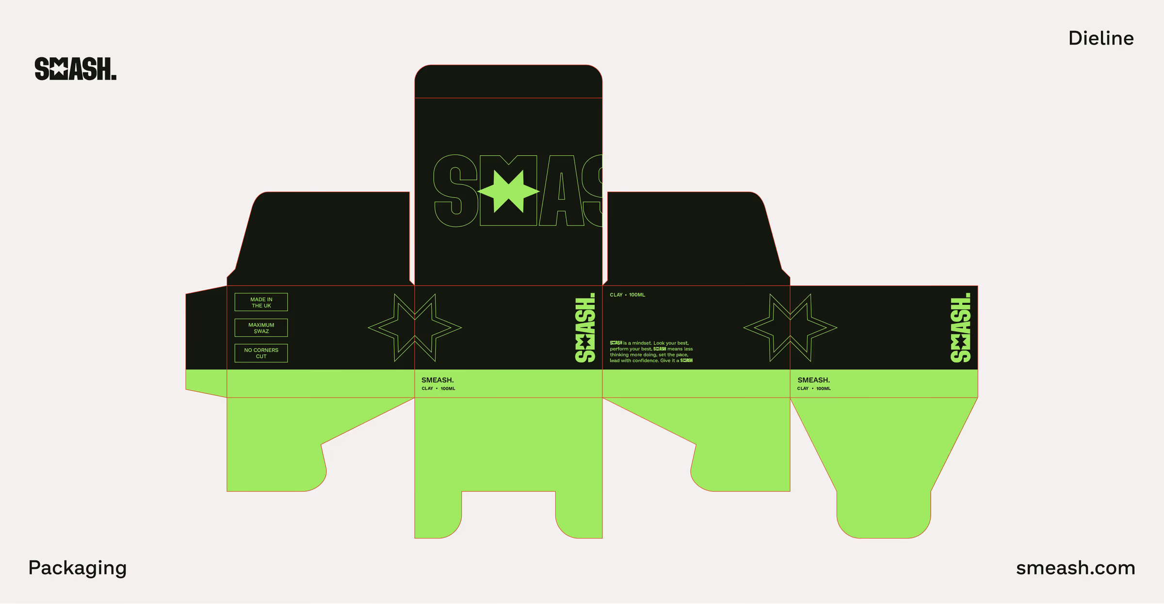 Packaging dieline for the Smeash box in green and black, showing wordmark and star placement