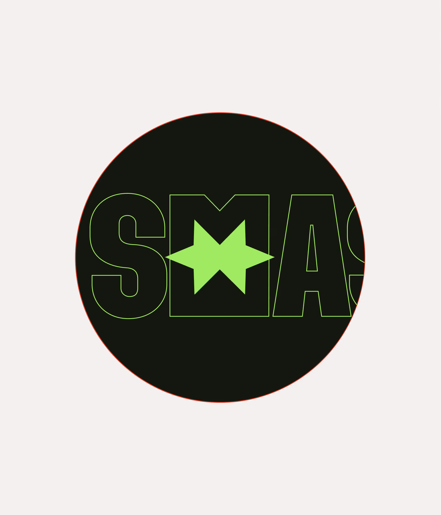 Black circular sticker with the outlined Smeash wordmark and a solid green star