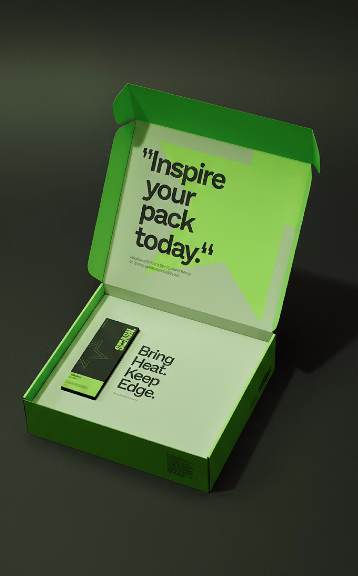 Open green Smeash mailer box, lid reading Inspire your pack today, product box reading Bring Heat Keep Edge