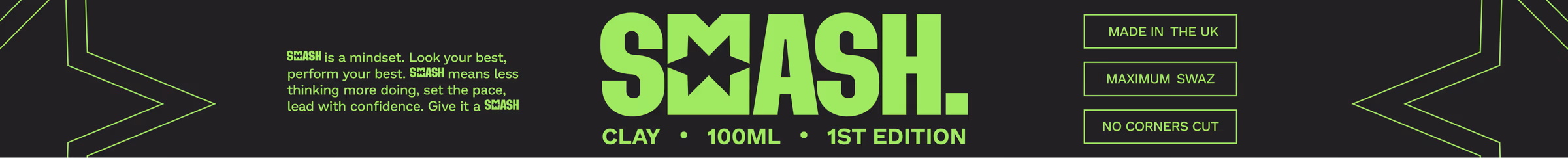 Smeash tin label artwork in green on black, Clay 100ml 1st Edition, Made in the UK, No corners cut