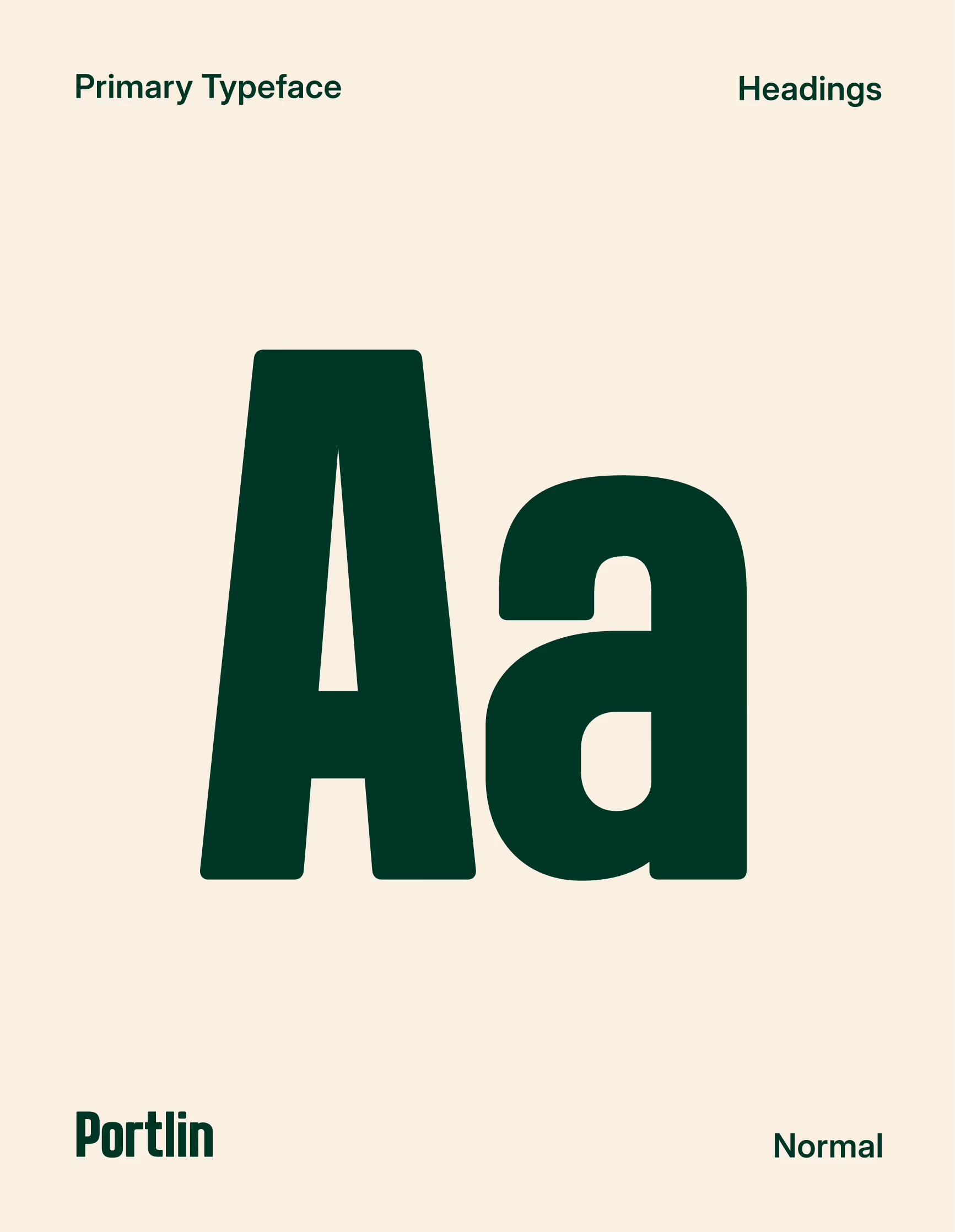 Type specimen for Portlin, TVG primary headings typeface, large dark green Aa on cream