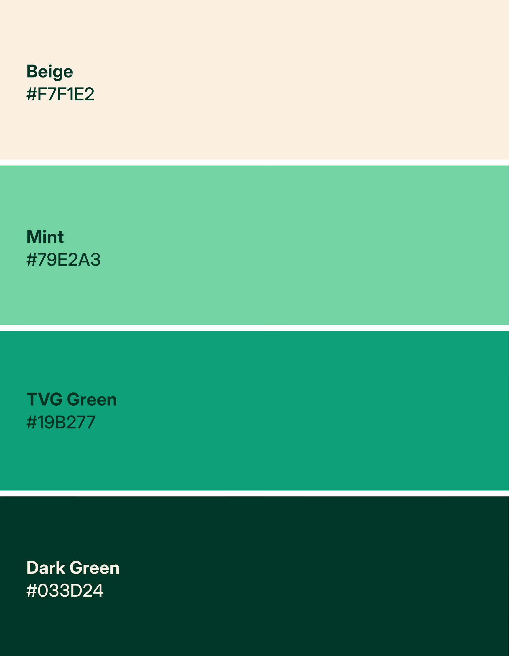 TVG colour palette with beige, mint, TVG green and dark green swatches and hex codes