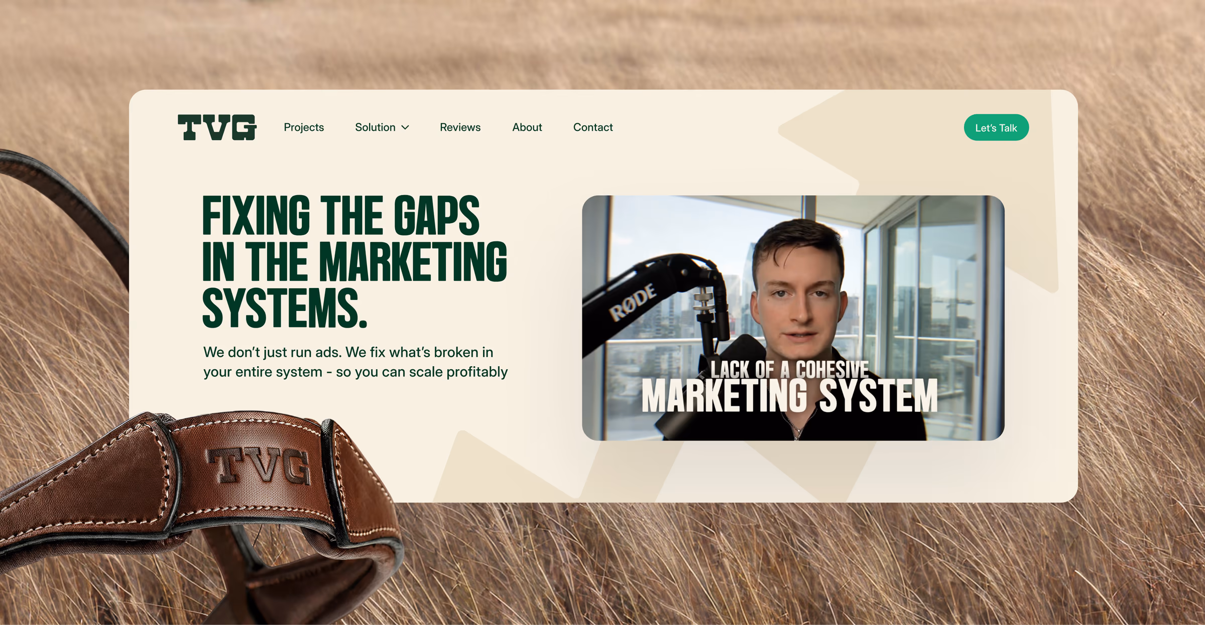 TVG website homepage, headline Fixing the gaps in the marketing systems, shown with a TVG-embossed leather strap