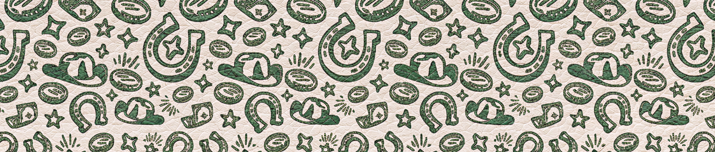 Repeating TVG western pattern of horseshoes, cowboy hats, coins and stars in green on cream
