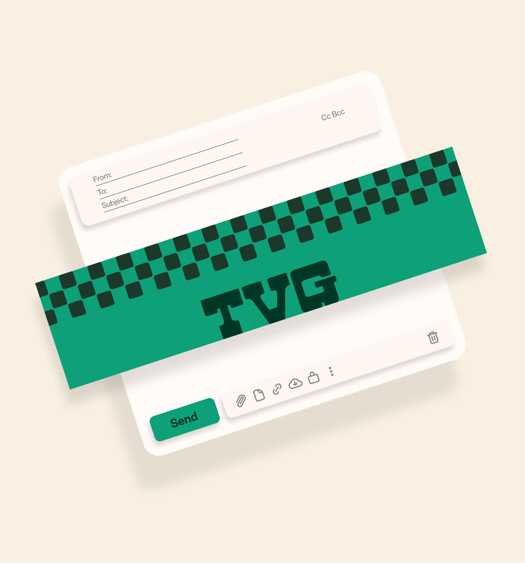 Email compose window mockup with a green TVG checkered banner across it