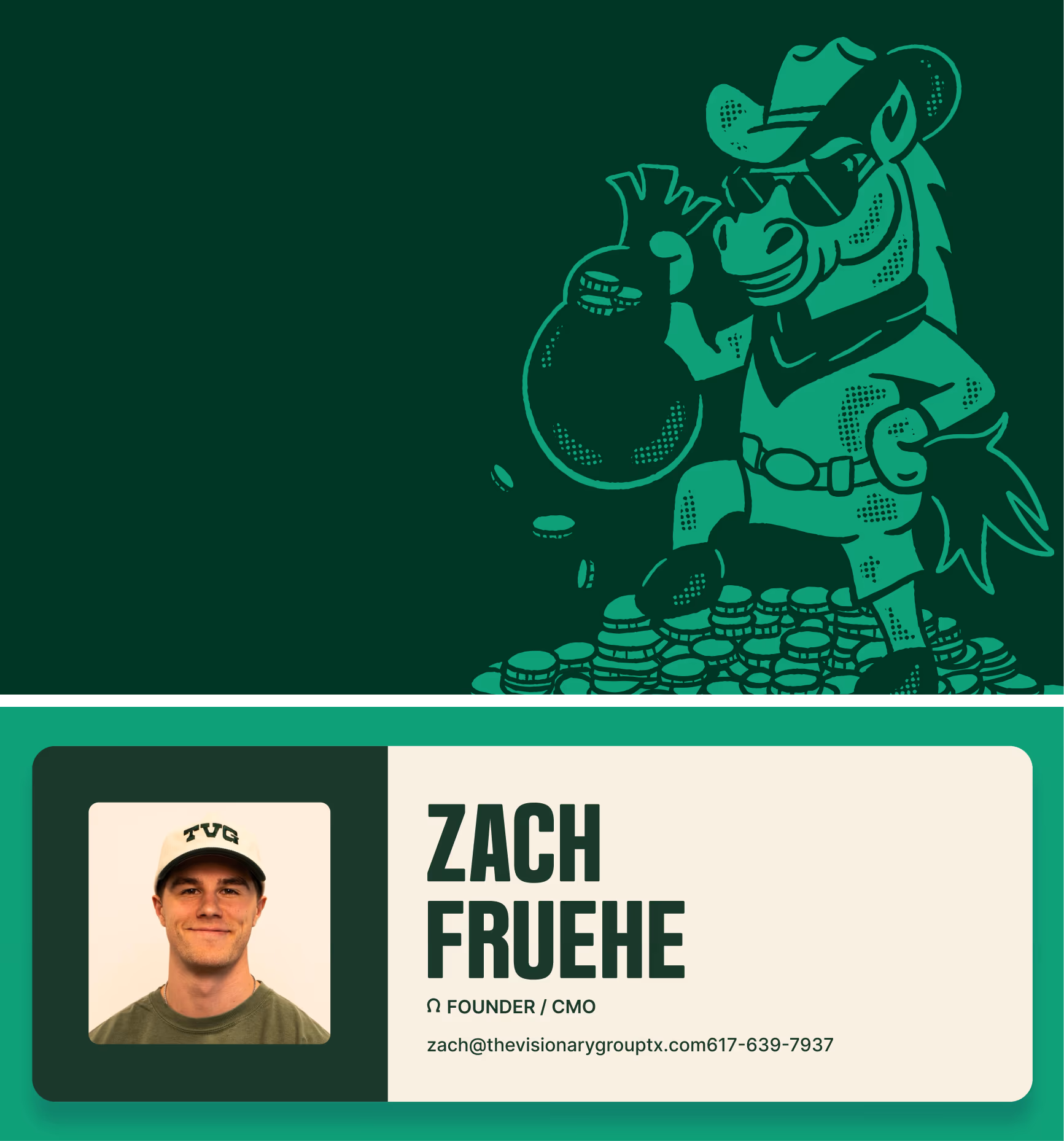 TVG contact card for founder Zach Fruehe below a cowboy horse mascot holding a money bag