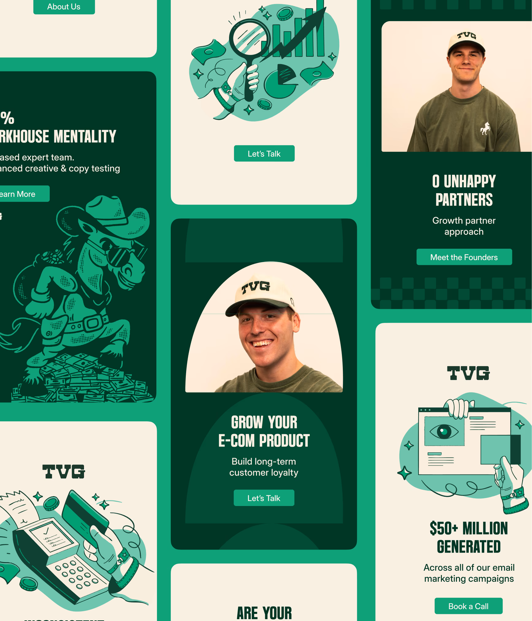 Grid of TVG website and social cards with horse mascot illustrations, stats and founder photos