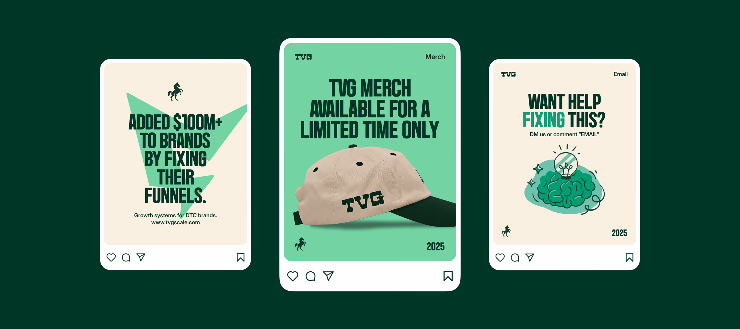 Three TVG Instagram posts, a 100M plus results stat, a TVG merch cap and an email help post