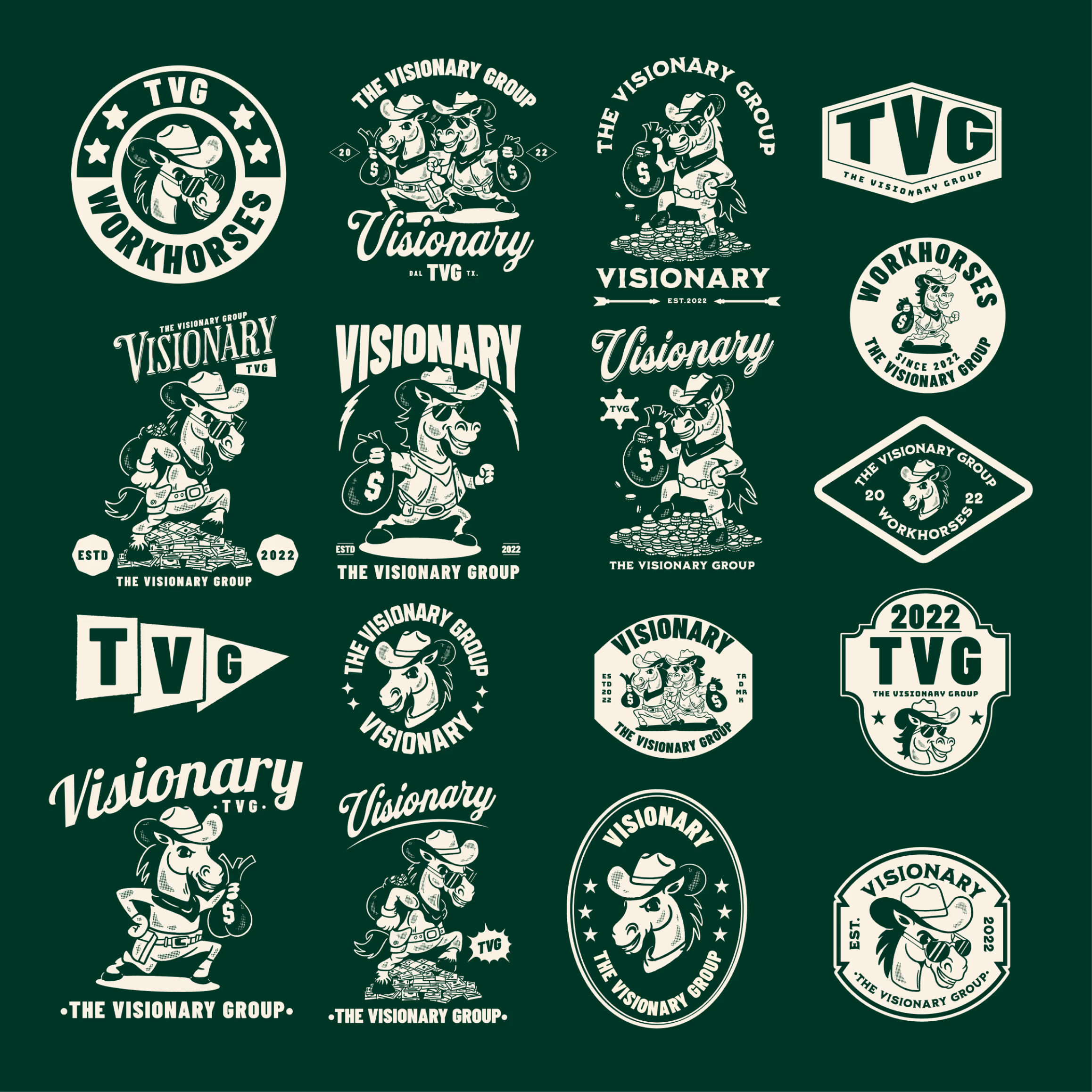 Sheet of sixteen TVG badge designs with the cowboy horse mascot and Visionary Group lockups, cream on dark green