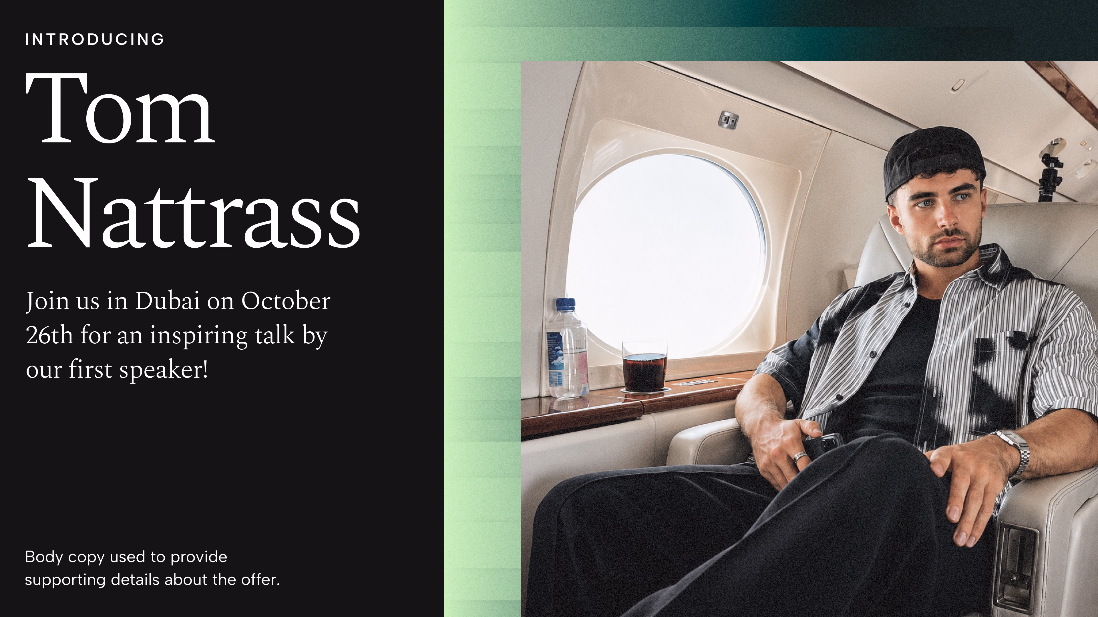 Event slide introducing speaker Tom Nattrass, serif type beside a photo shot inside a private jet