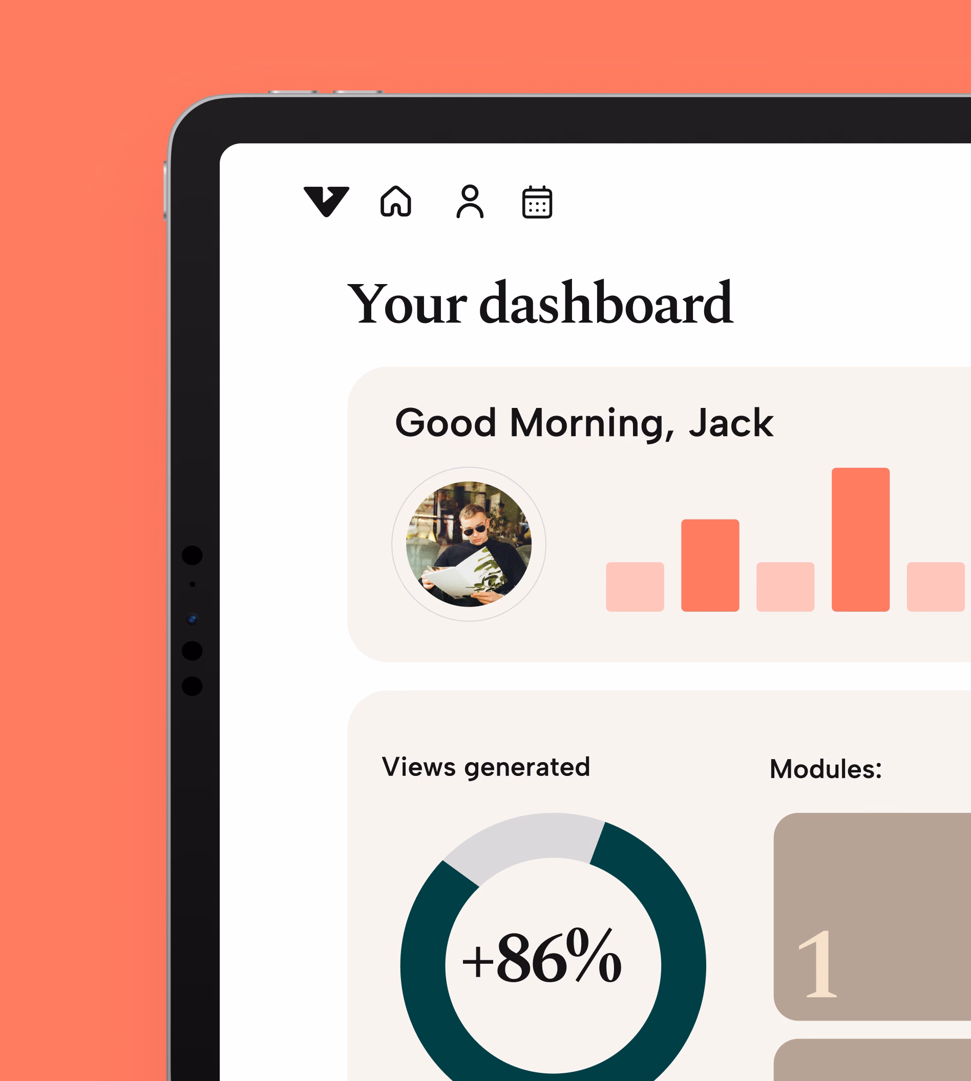 Viral Toolkit member dashboard on a tablet, coral interface with views generated up 86 percent