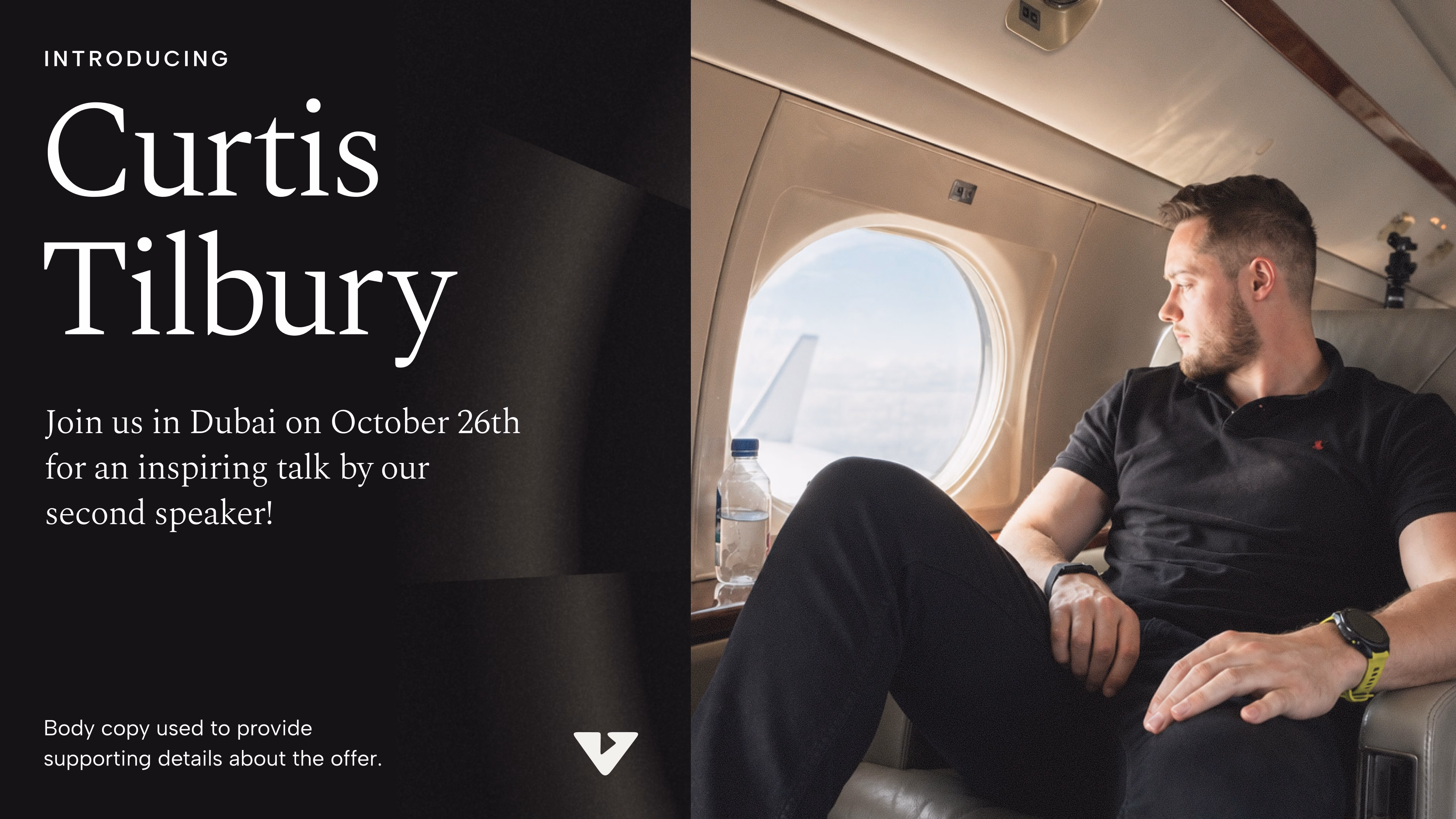 Event slide introducing speaker Curtis Tilbury, serif type beside a photo shot inside a private jet