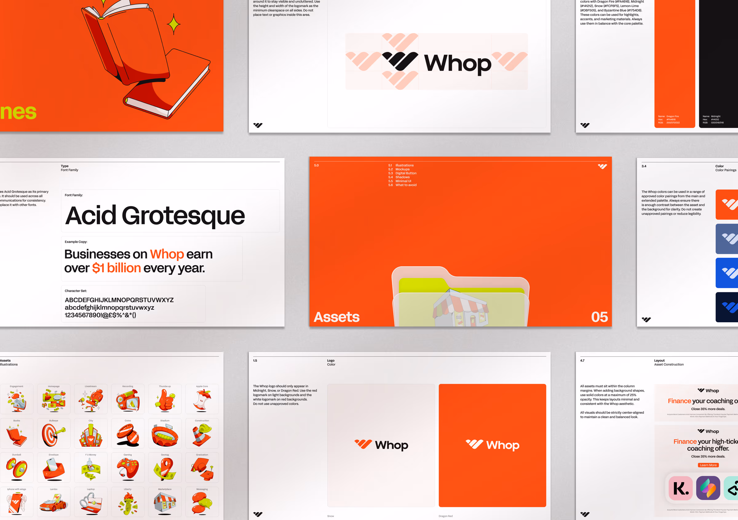 Grid of Whop brand guideline pages covering the logo, Acid Grotesque type, colour pairings and illustrations