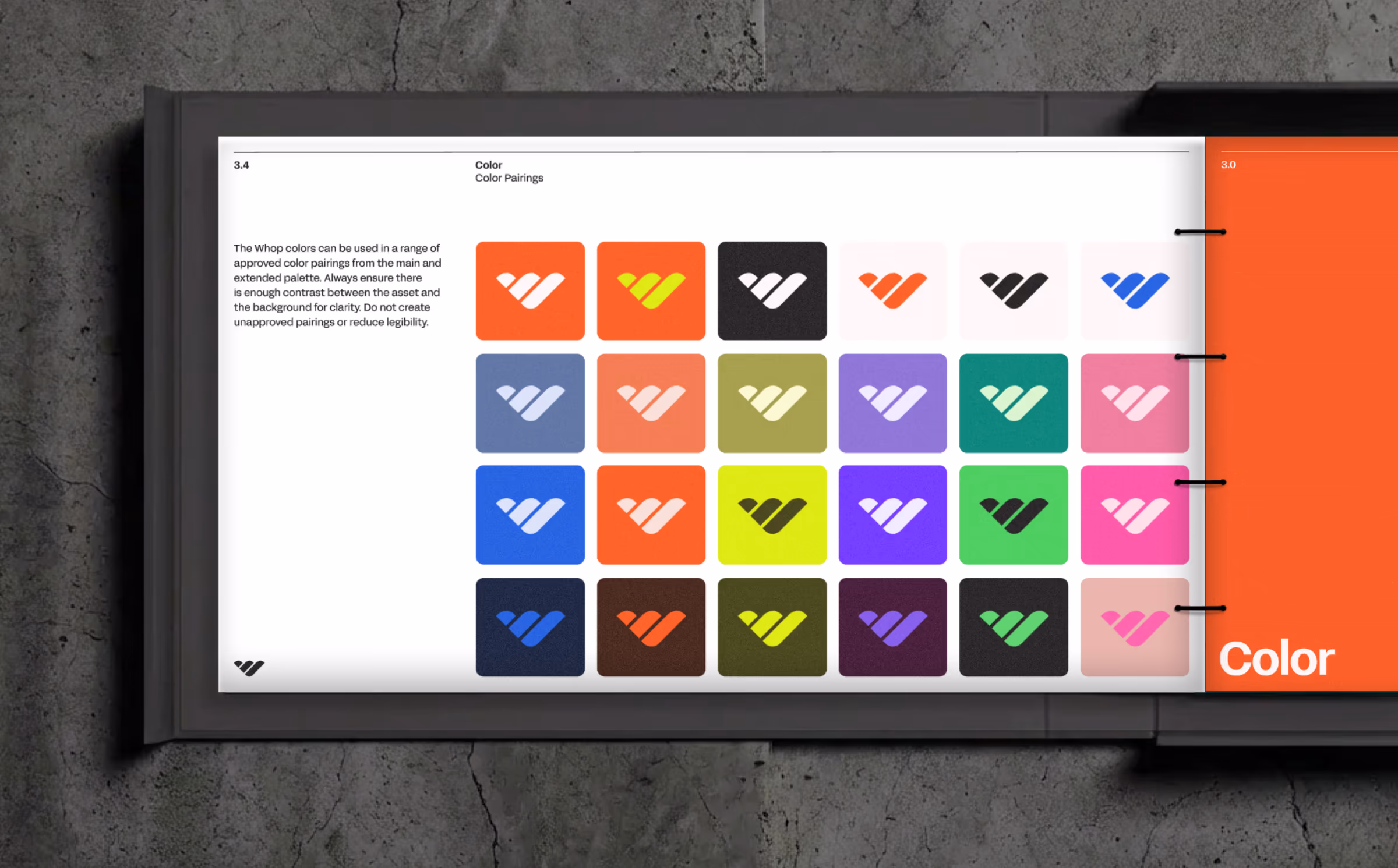 Whop colour pairings guideline page, a grid of the W mark tested on approved colour combinations