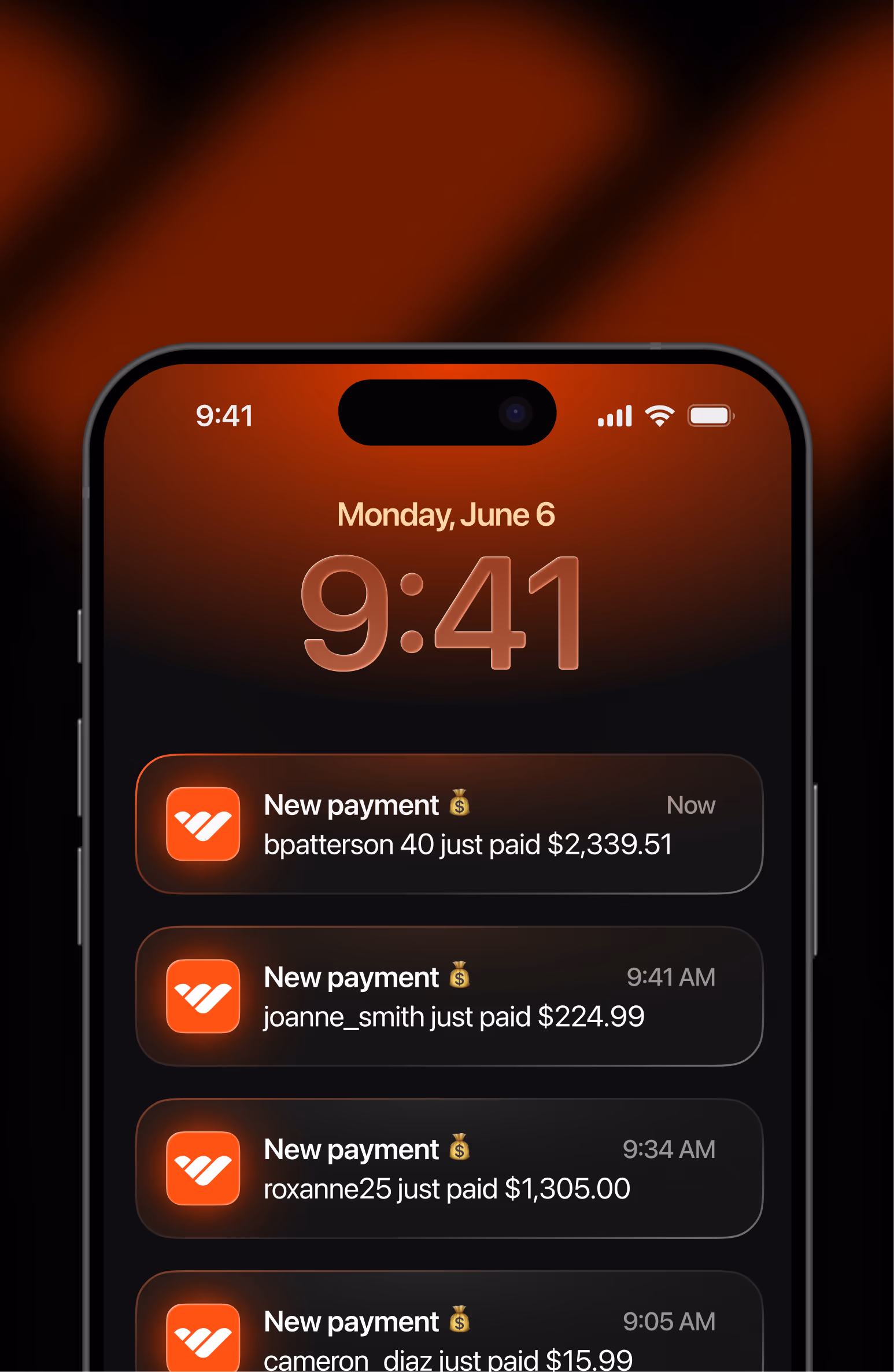 iPhone lock screen filled with Whop payment notifications from customers